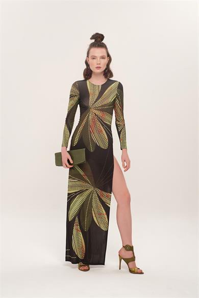 Iconic Design Yeşil Desenli Derin Yırtmaçlı Elbise
