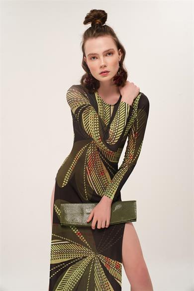 Iconic Design Yeşil Desenli Derin Yırtmaçlı Elbise