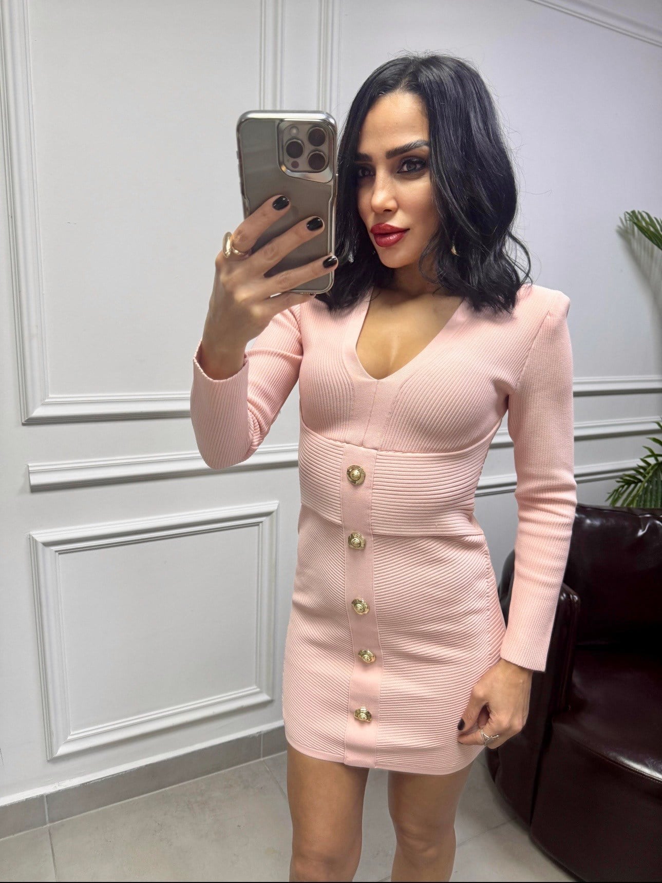 Düğme Detaylı Triko Elbise