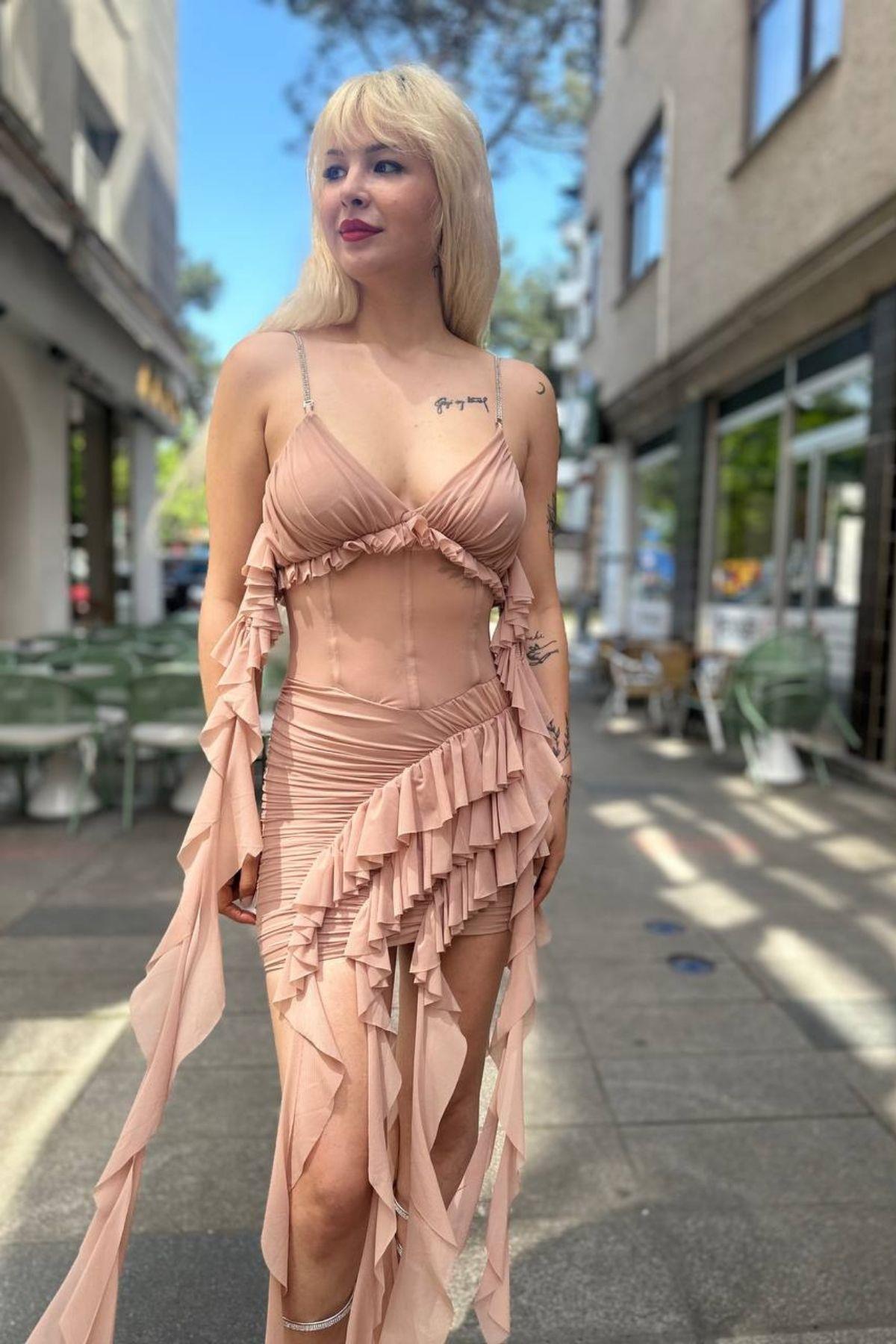 Fırfır Tasarımlı Askılı Mini Elbise Somon