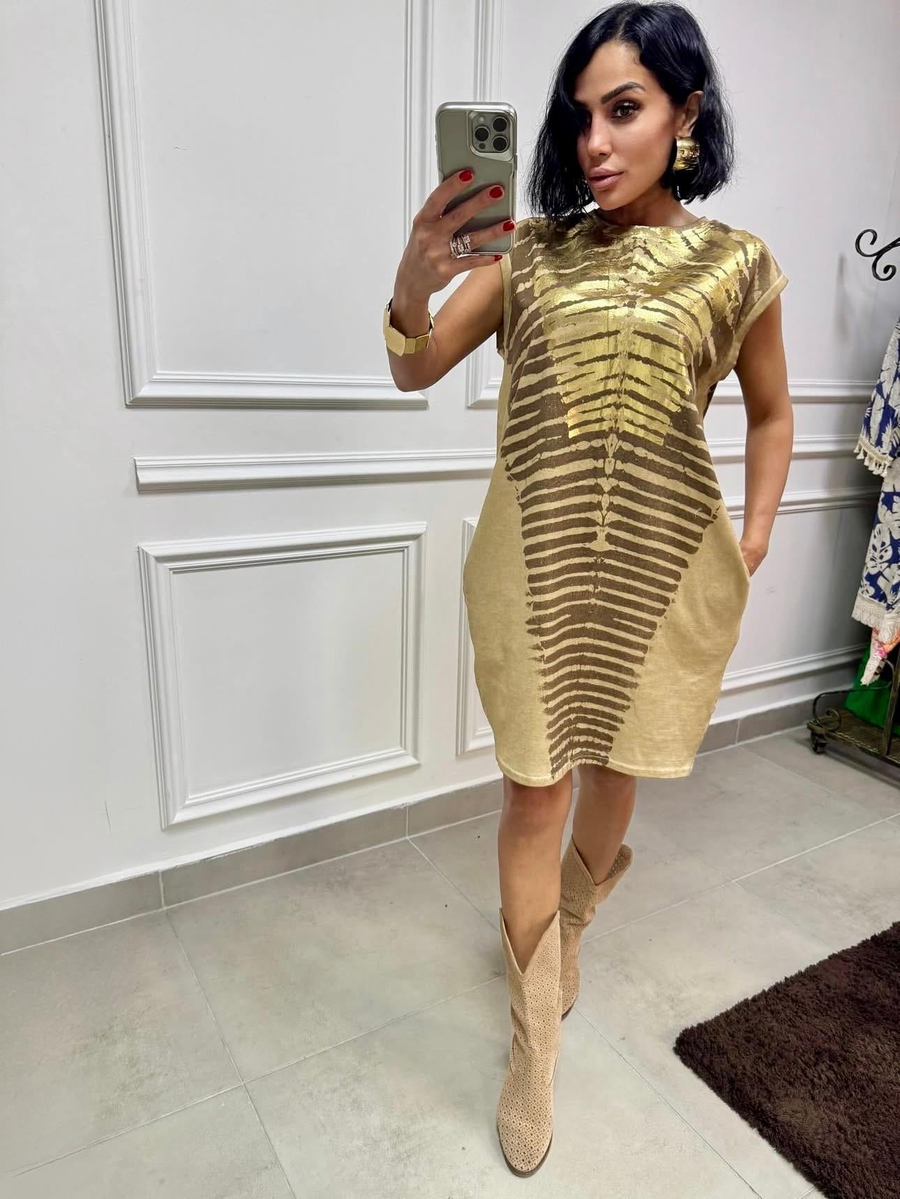 Gold Varaklı Likralı Basıc Elbise