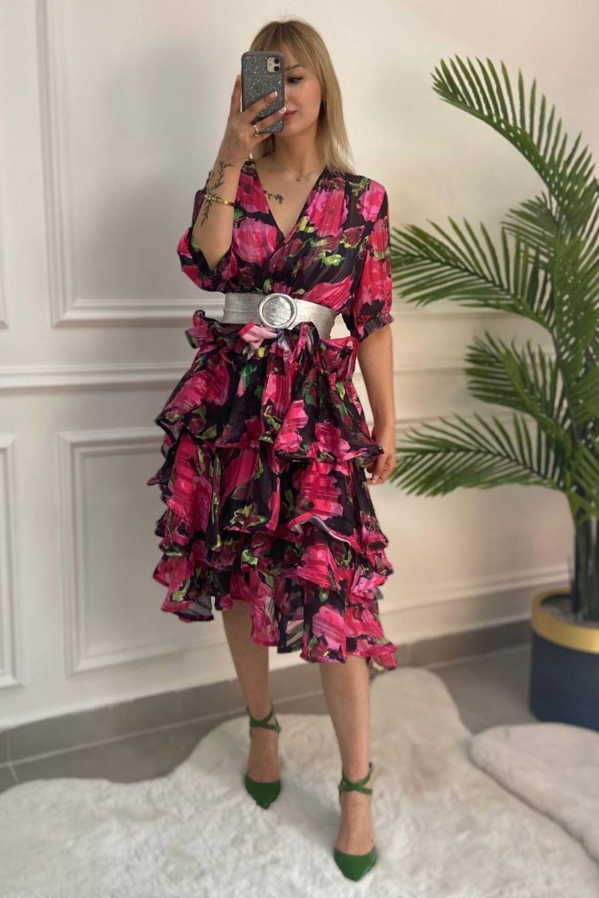 İthal Çiçekli Elbise Pembe