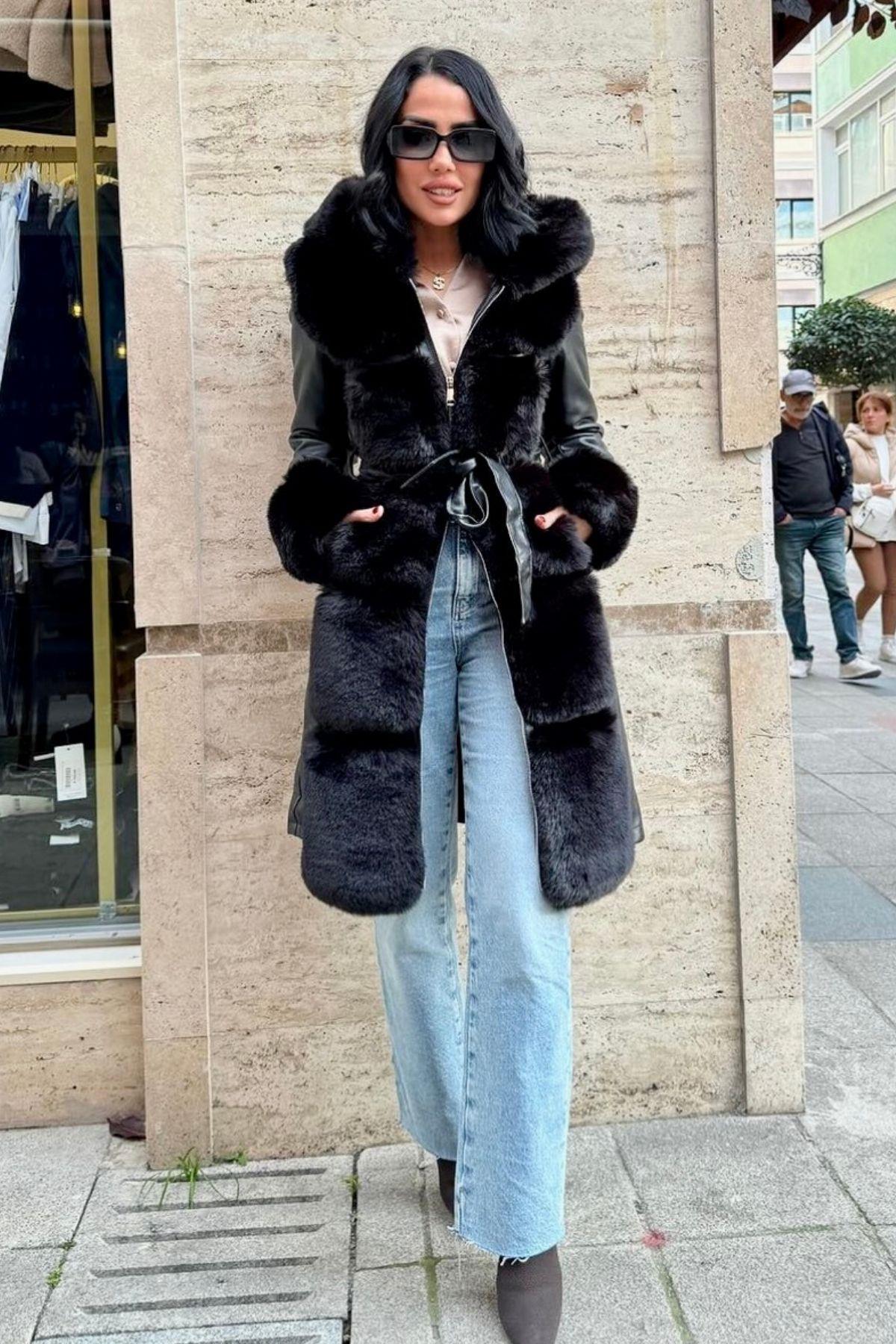 İthal Kürklü Deri Trenç