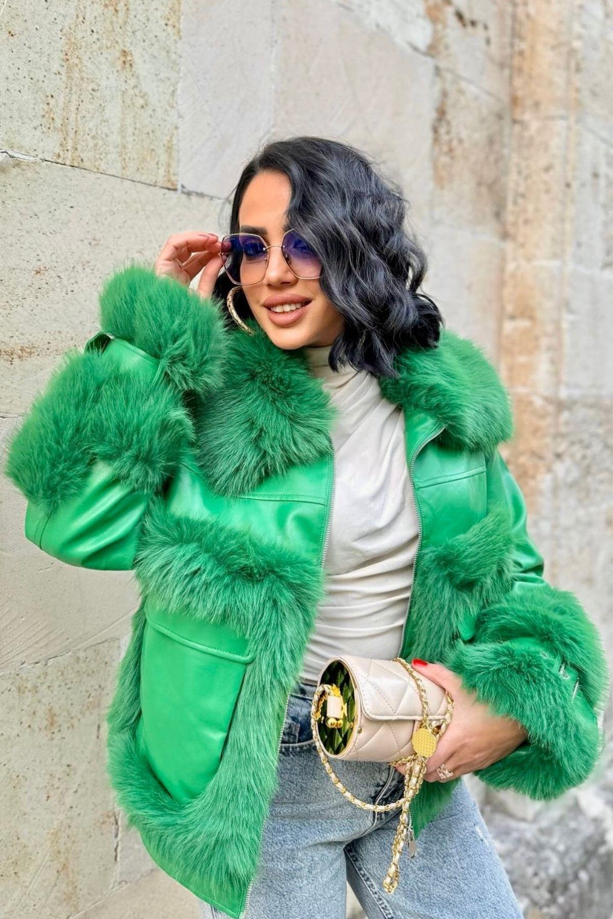 İthal Kürklü Mont Yeşil-Yeşil