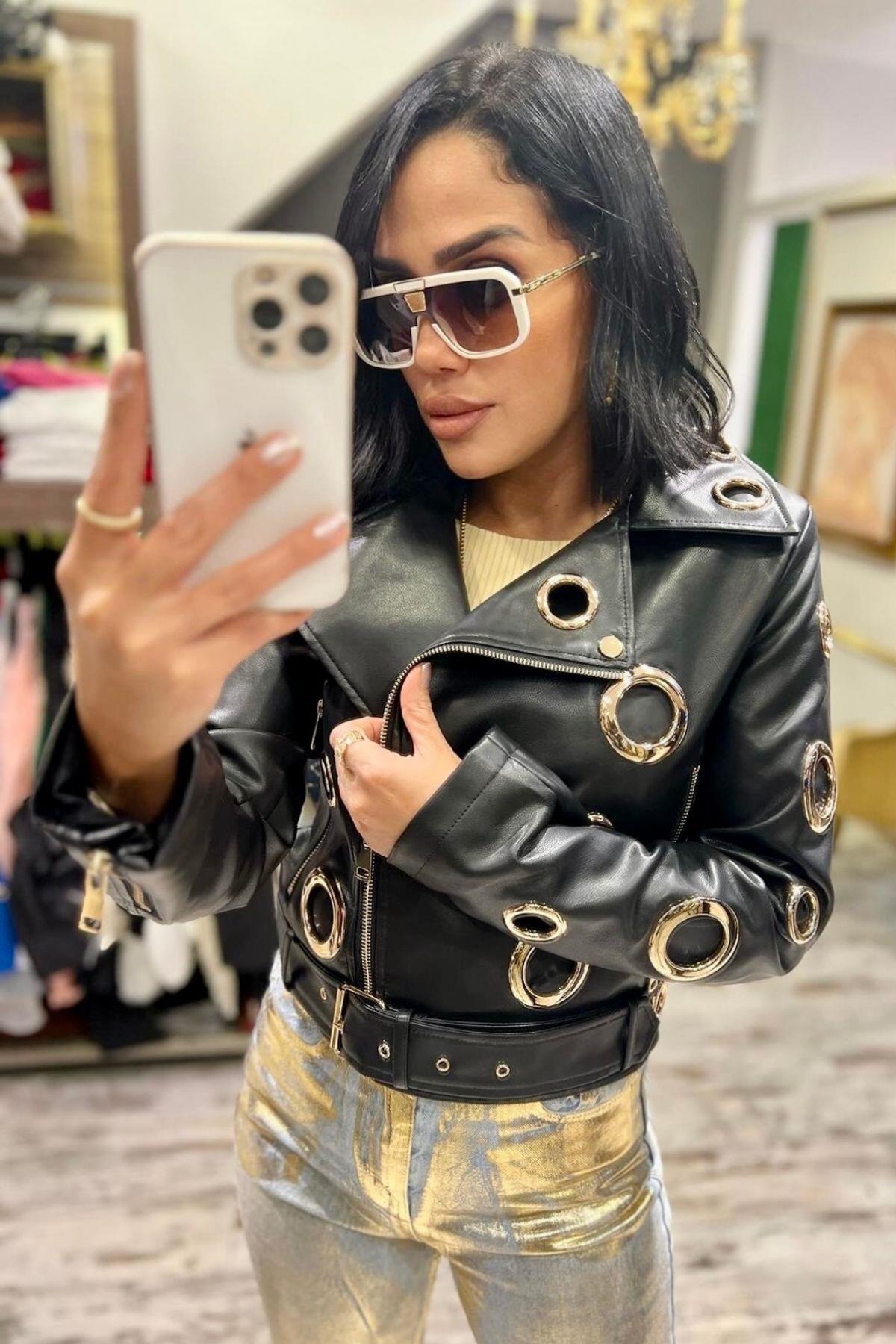 İthal Kuş Gözlü Deri Ceket Siyah