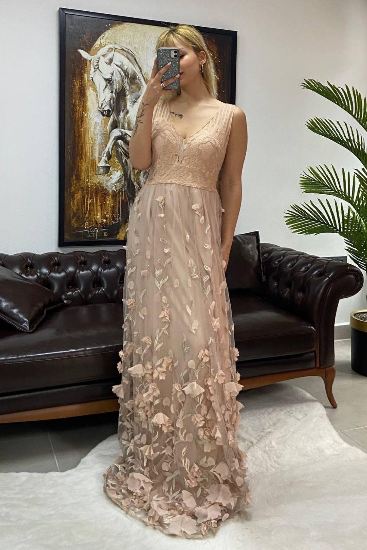 İthal Pudra Çiçekli Elbise