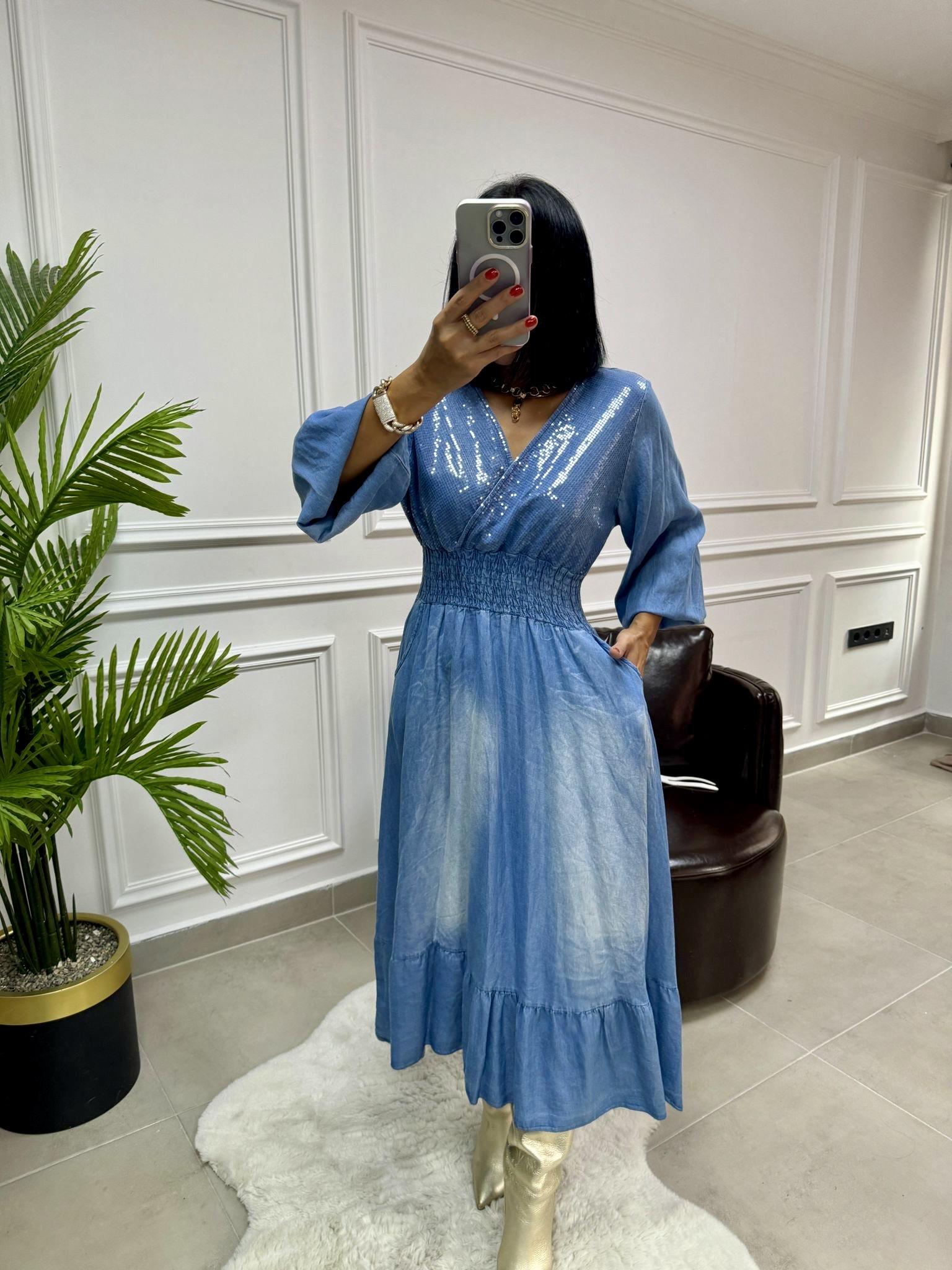 İthal Pullu Denim Elbise