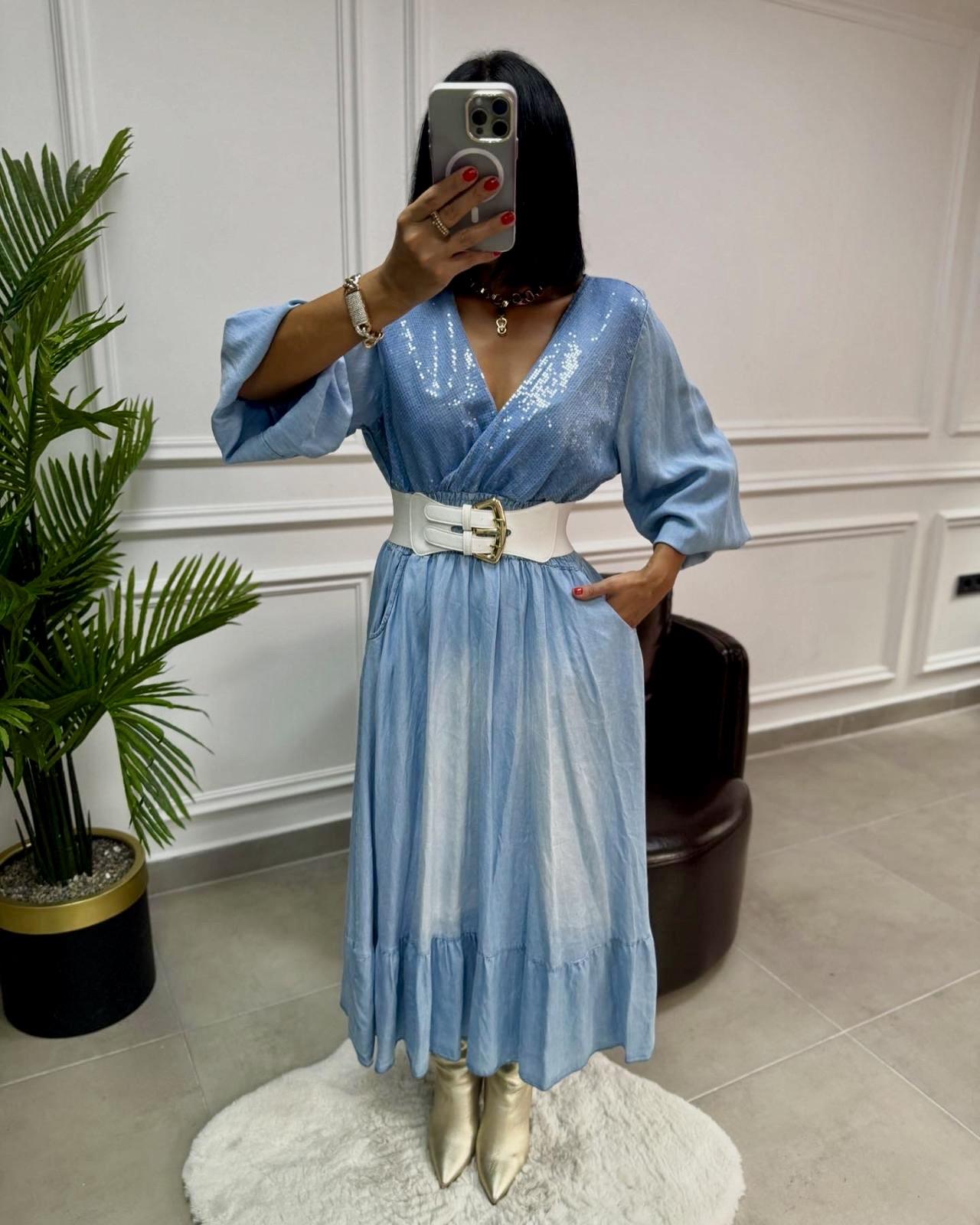 İthal Pullu Denim Elbise