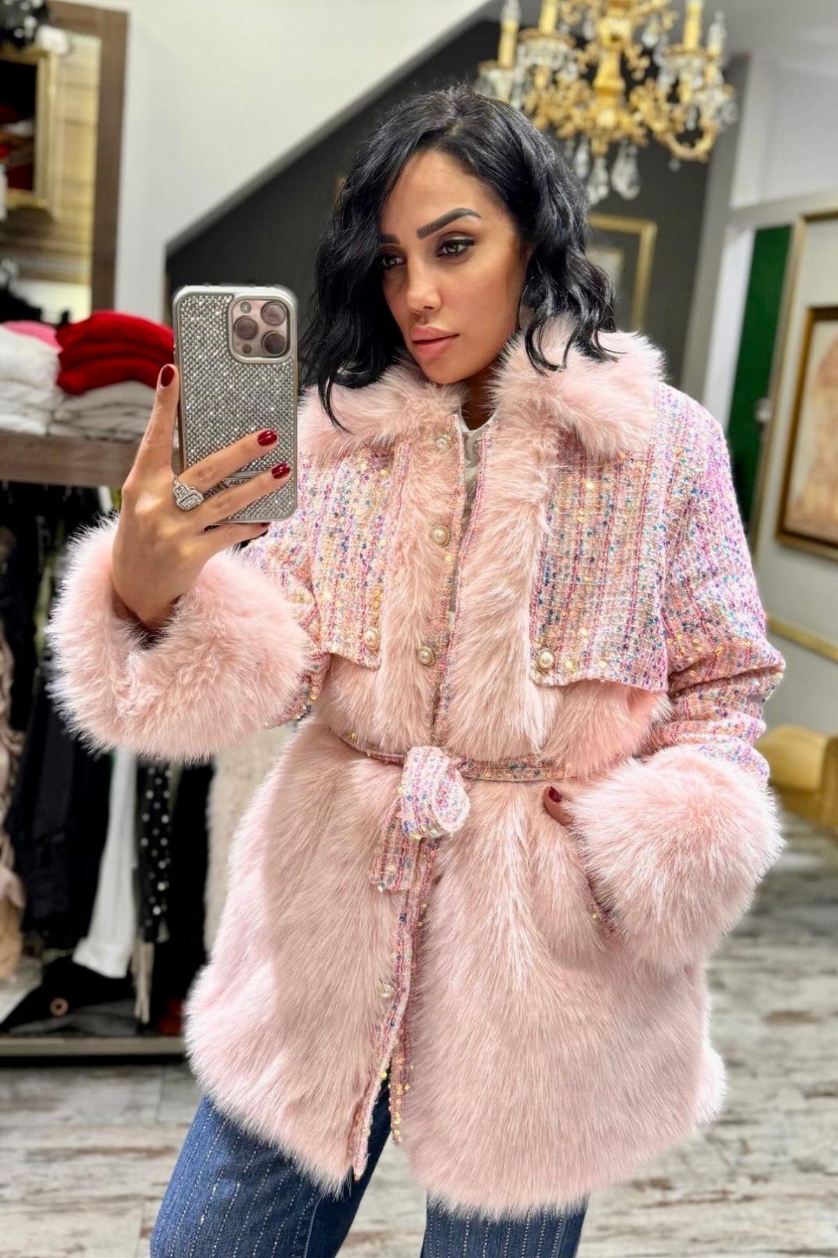 İthal Pullu İncili Kürk Mont Pembe