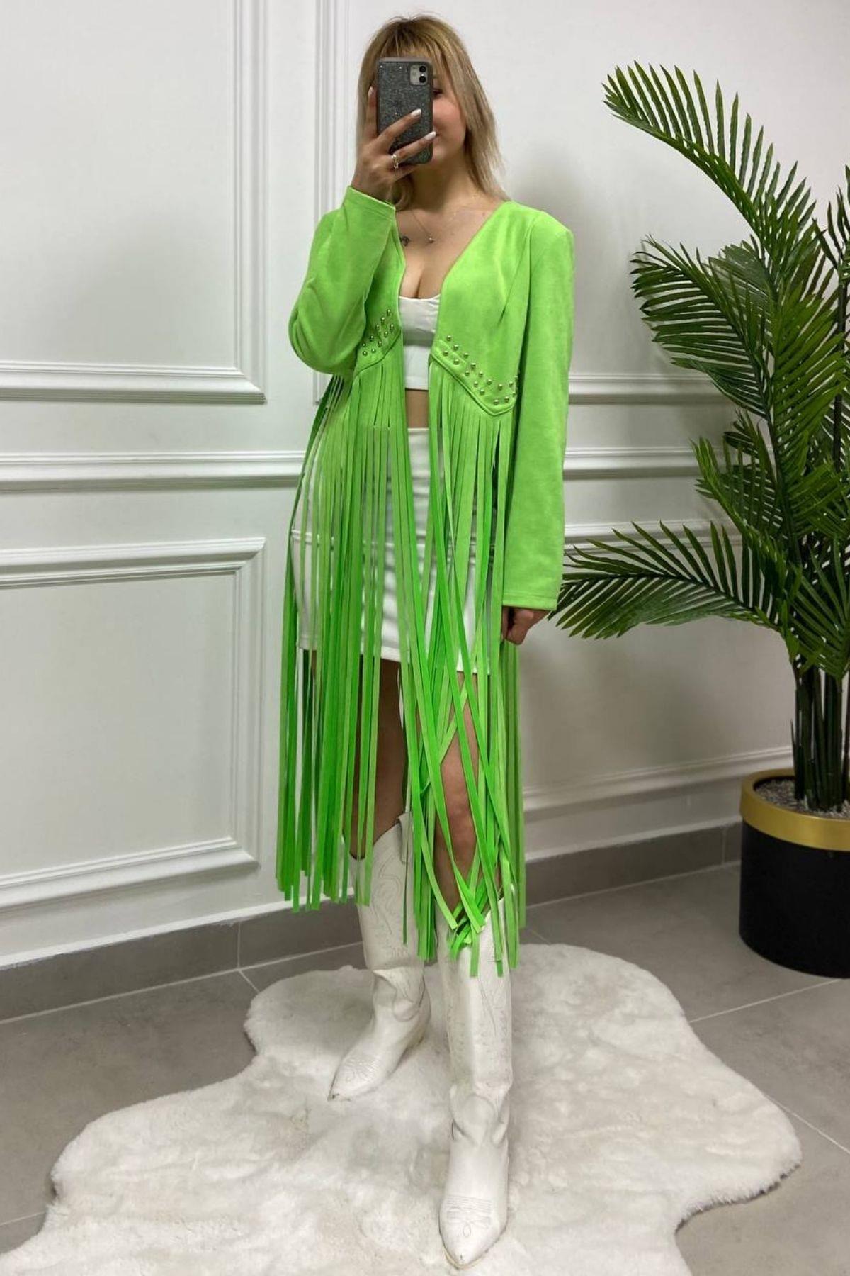 İthal Püsküllü Ceket Yeşil