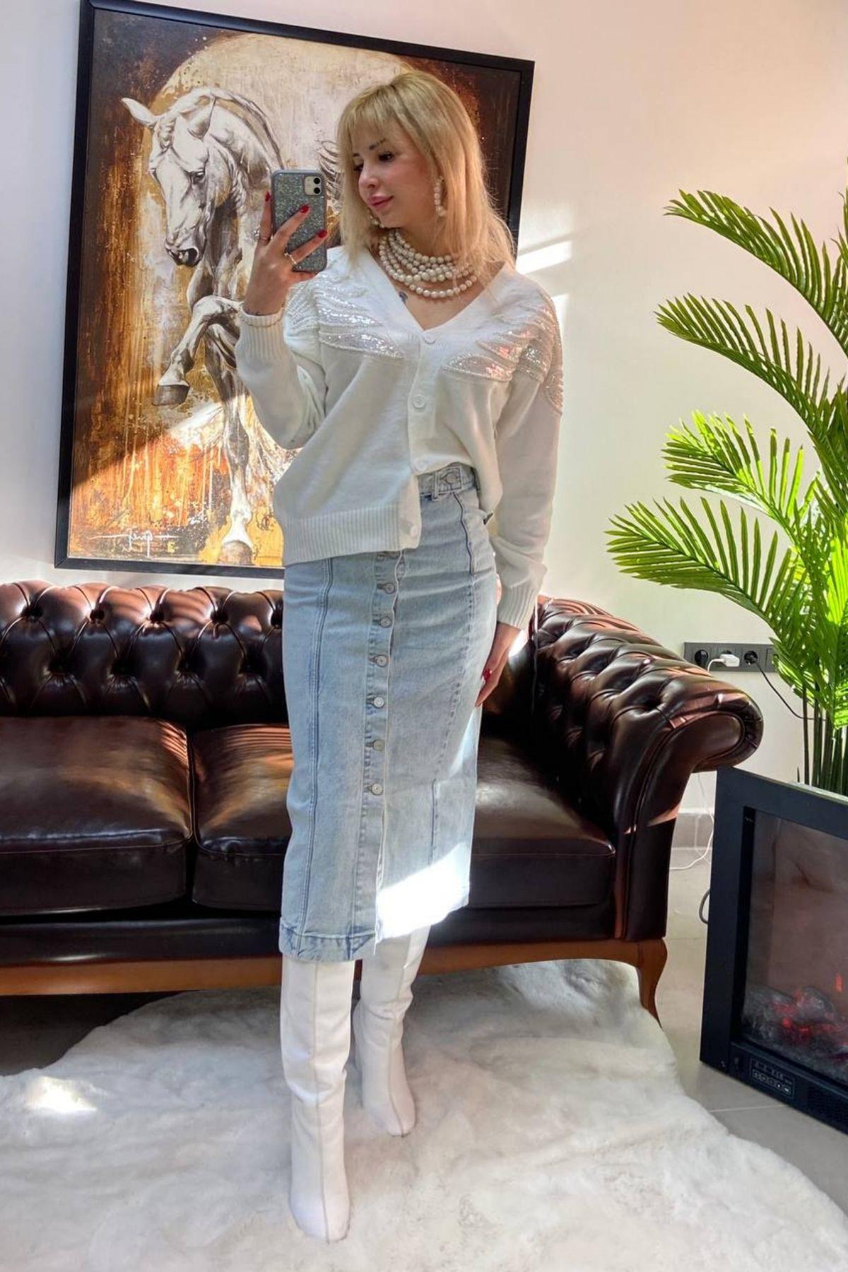 İthal Taş Detaylı Angora Hırka