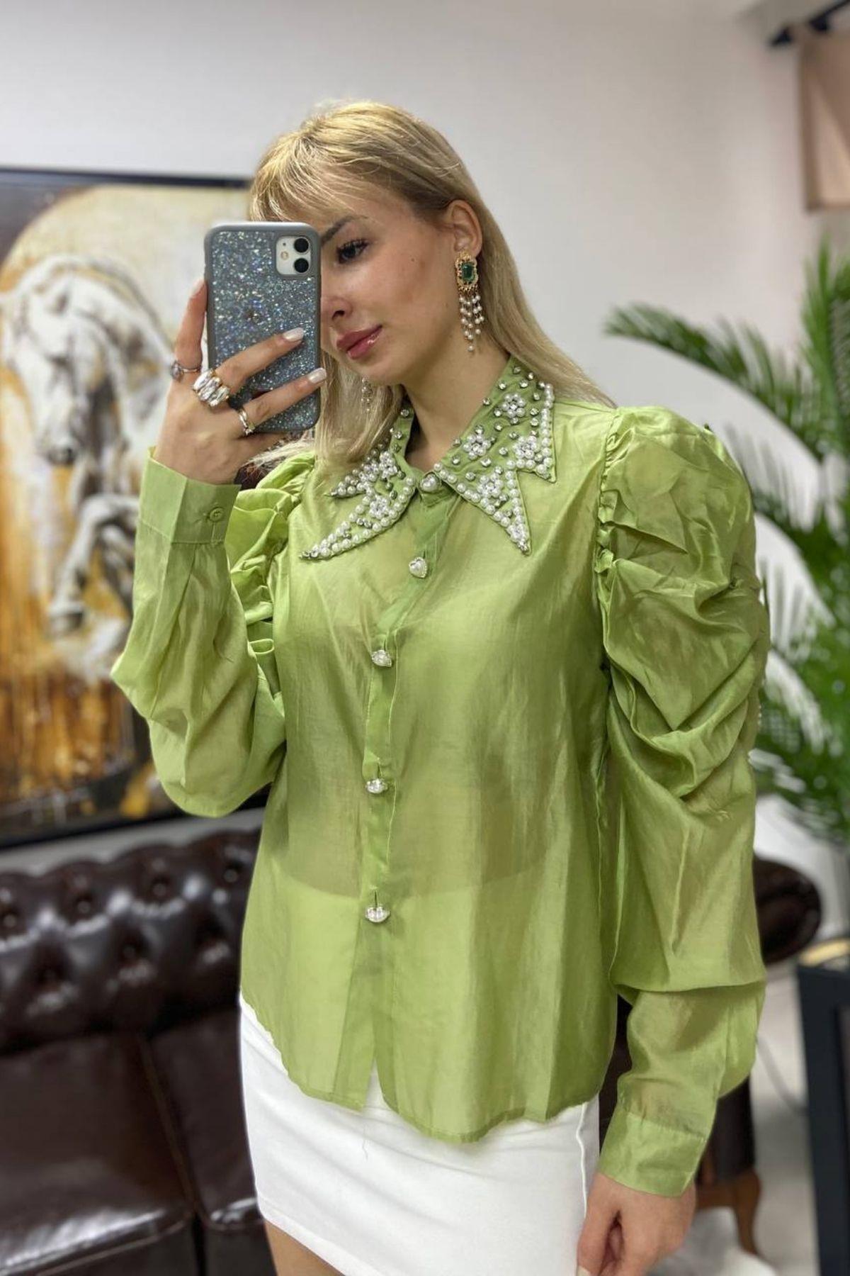 İthal Taşlı Gömlek Yeşil