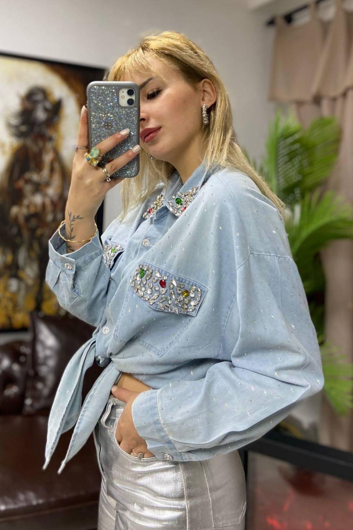 İthal Taşlı Kot Gömlek