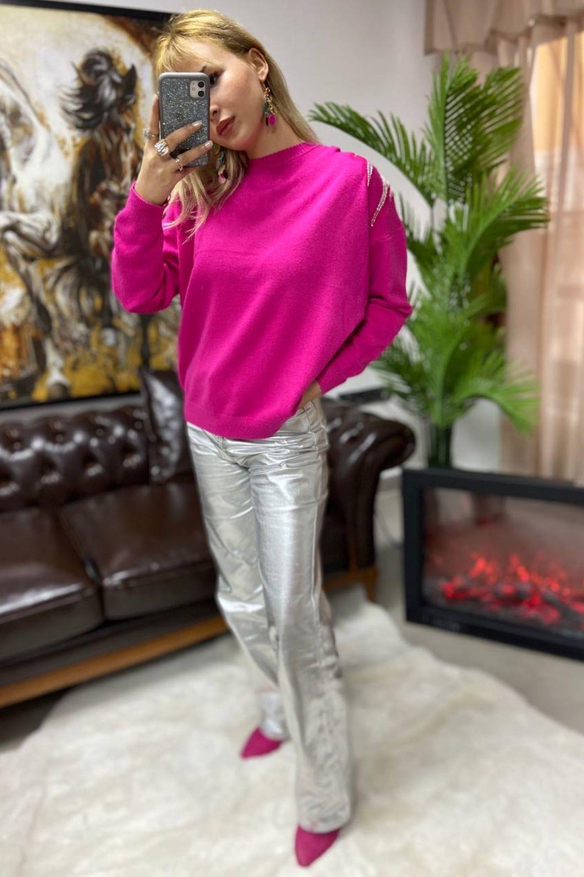 İthal Taşlı Triko Kazak Pembe