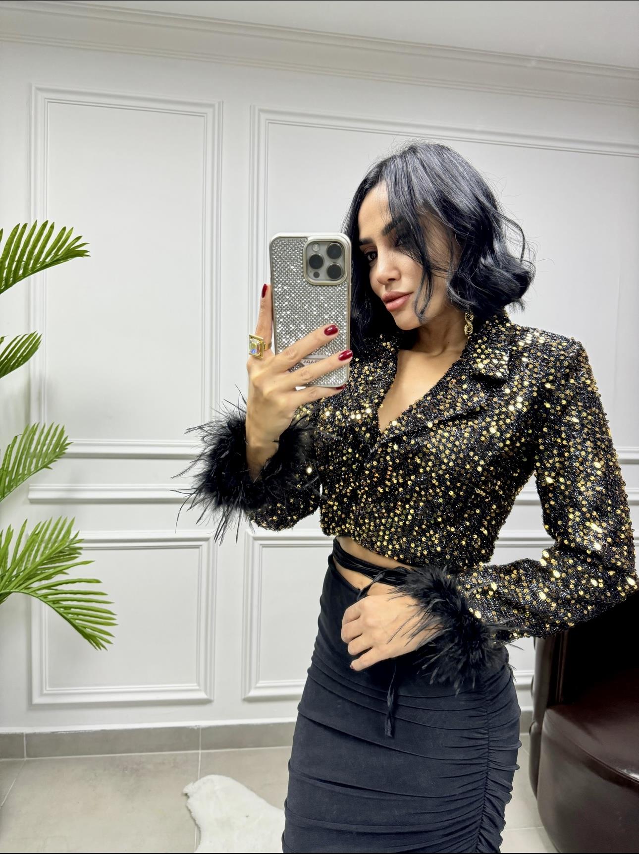 Otriş Kol Payetli Mini Ceket