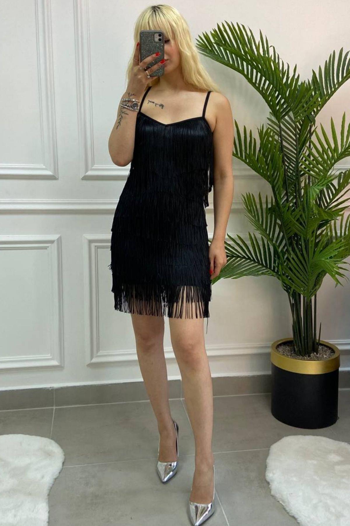 Siyah Askılı Saçaklı Mini Elbise