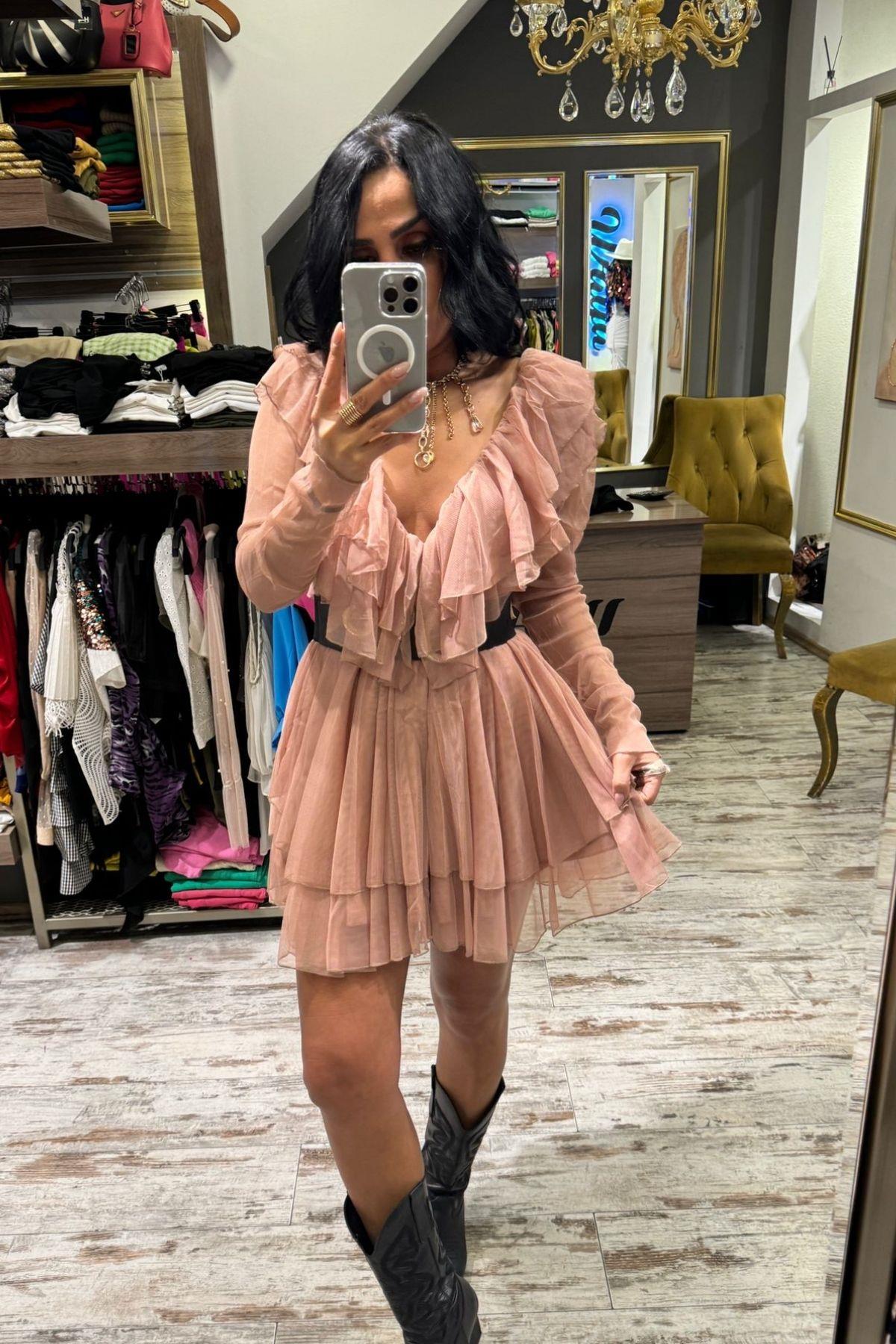 V Yaka Mini Tül Elbise Somon