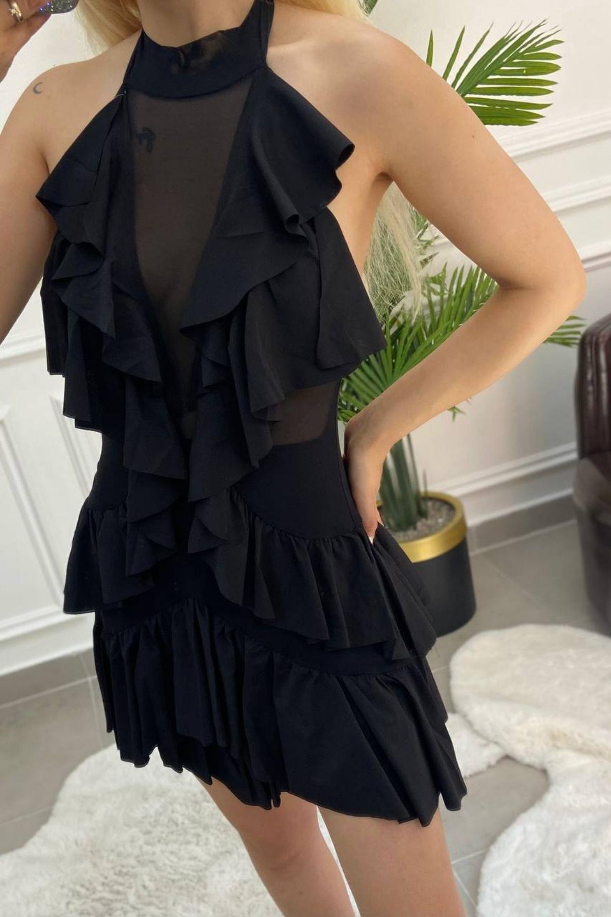 Volanlı Kolsuz Tül Elbise Siyah