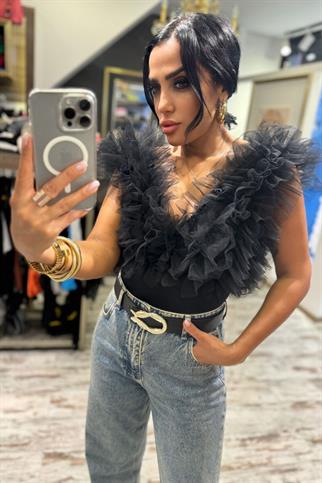 Siyah Tül Fırfırlı Kolsuz Bodysuit