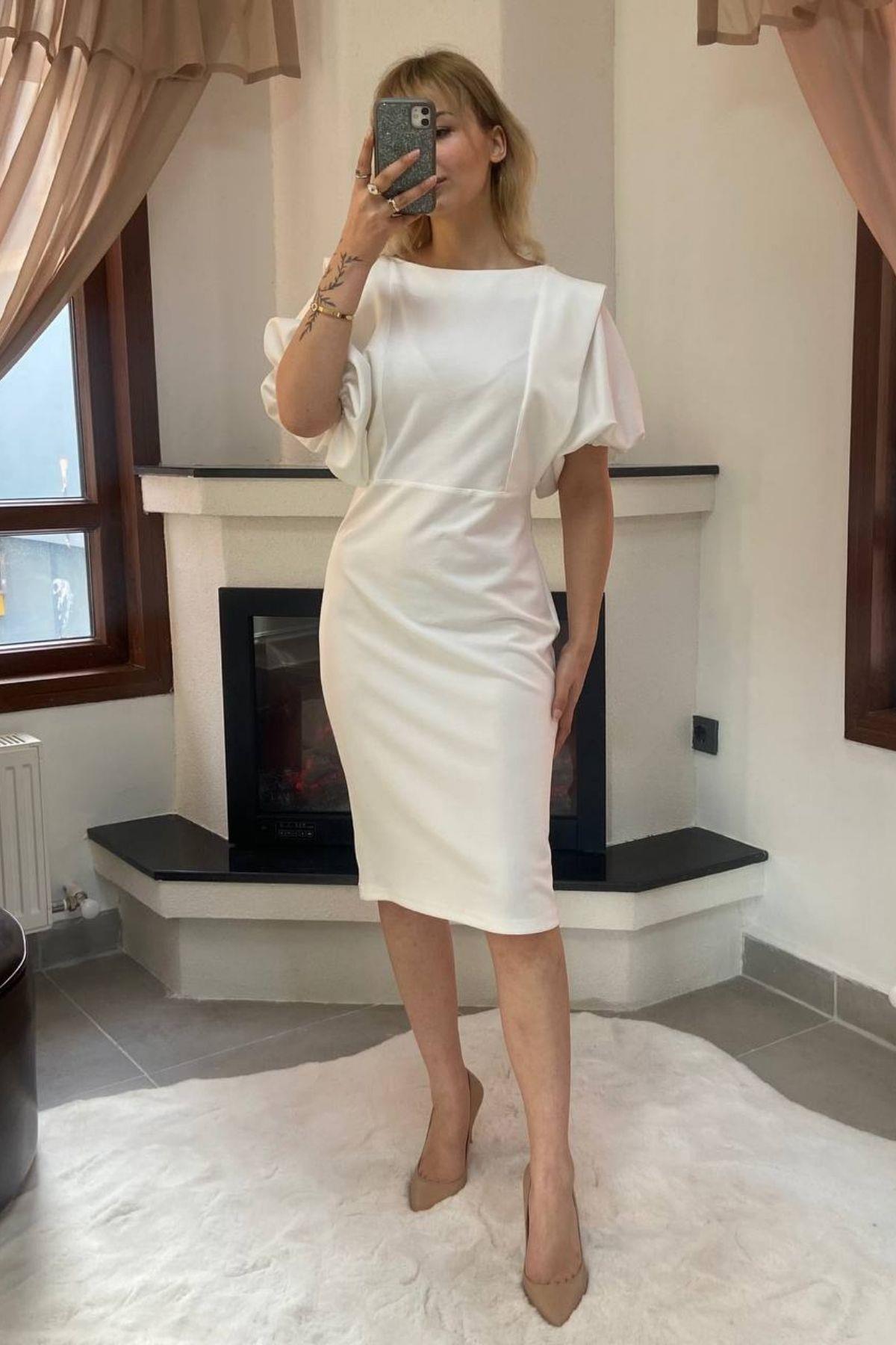 Balon Kol Elbise Beyaz