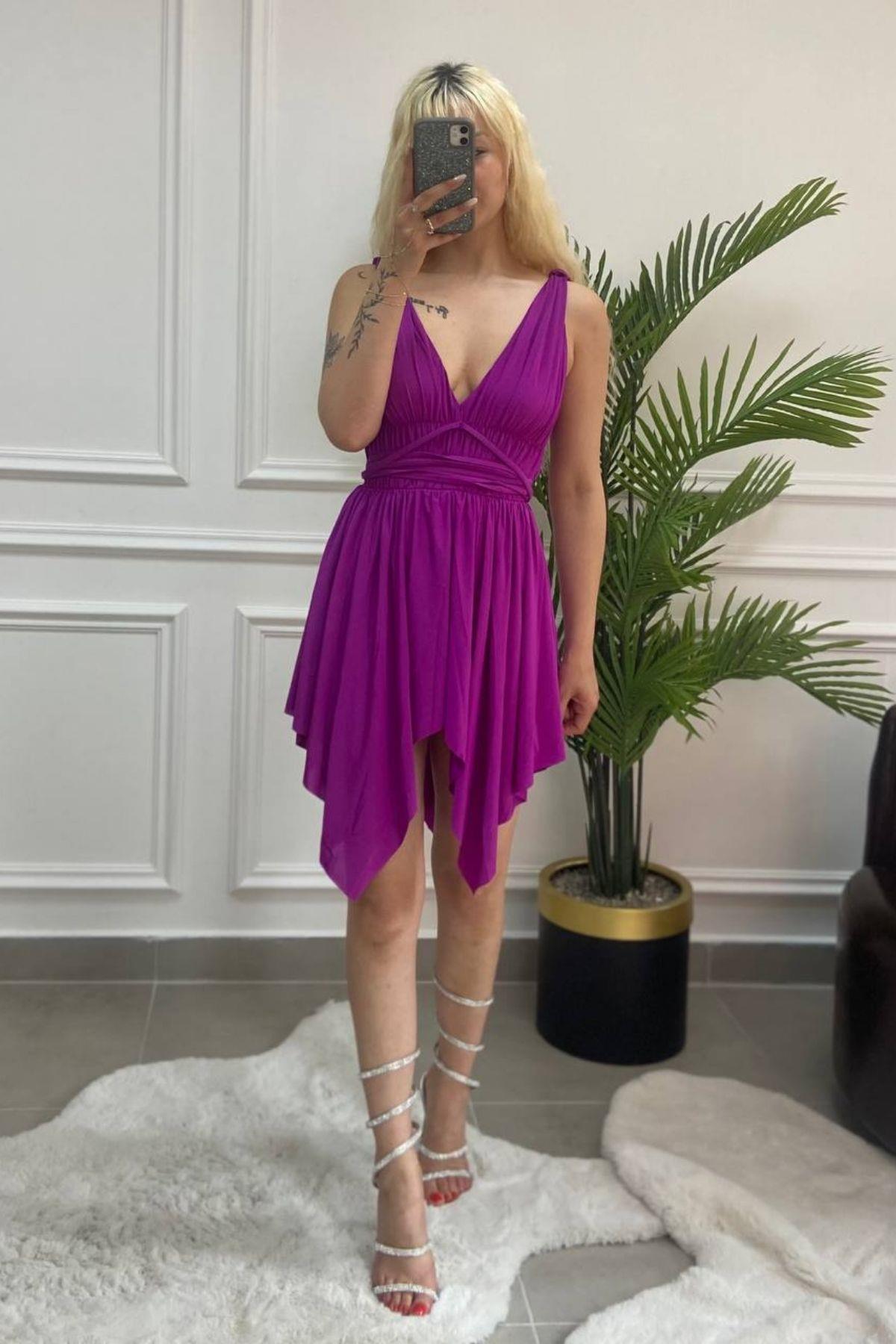 Beli Bağlamalı Bodysuitli Elbise Mor
