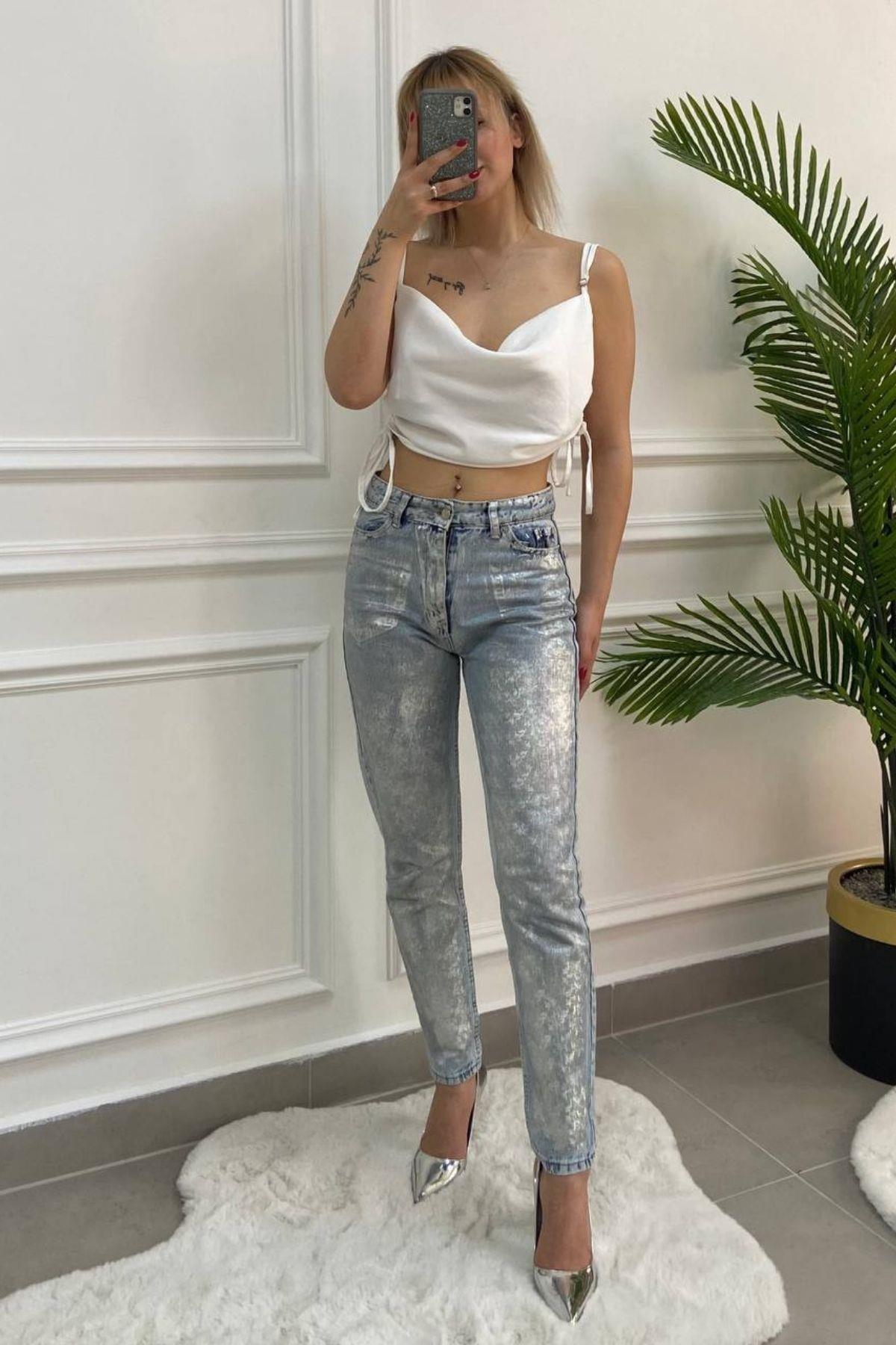 Denim Gümüş Varaklı Jean 