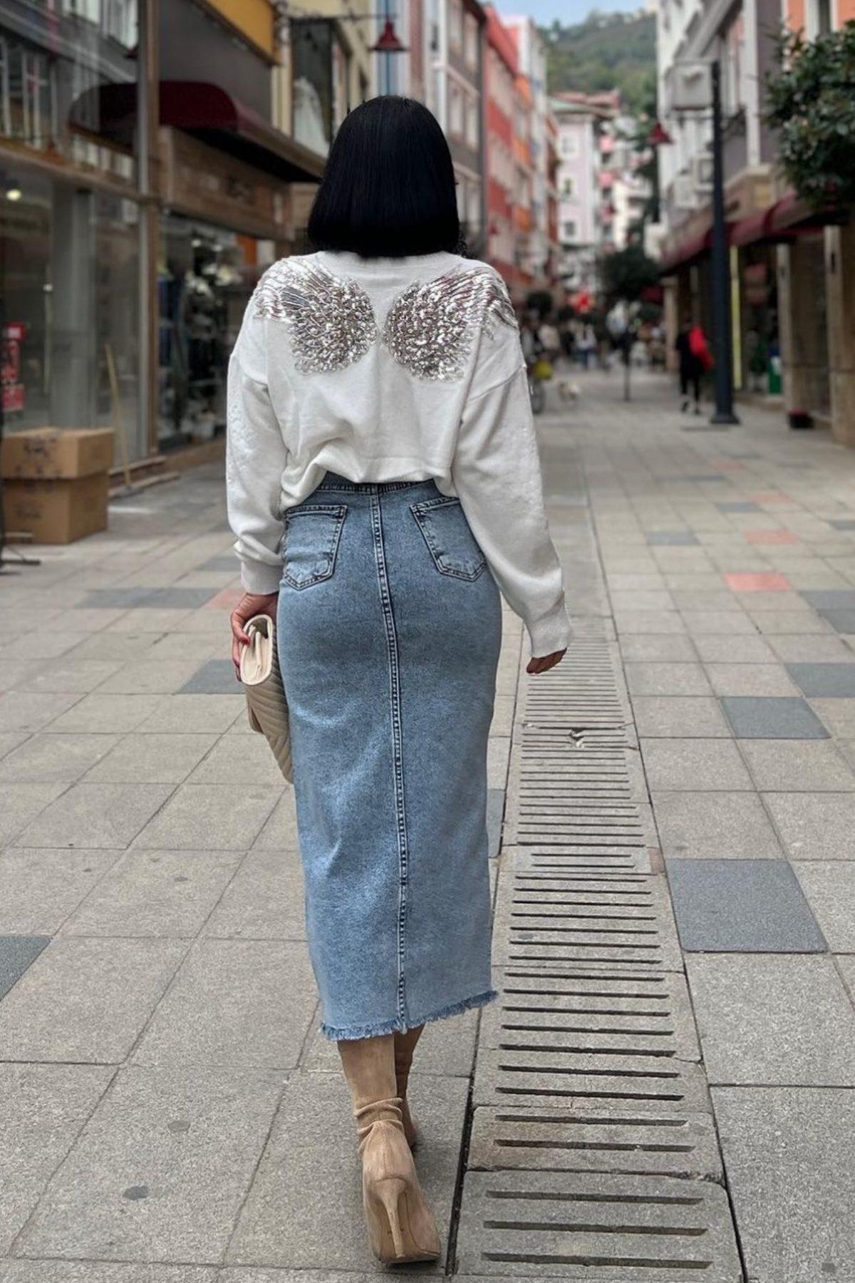 Denim Lavaggio Varaklı Kot Etek