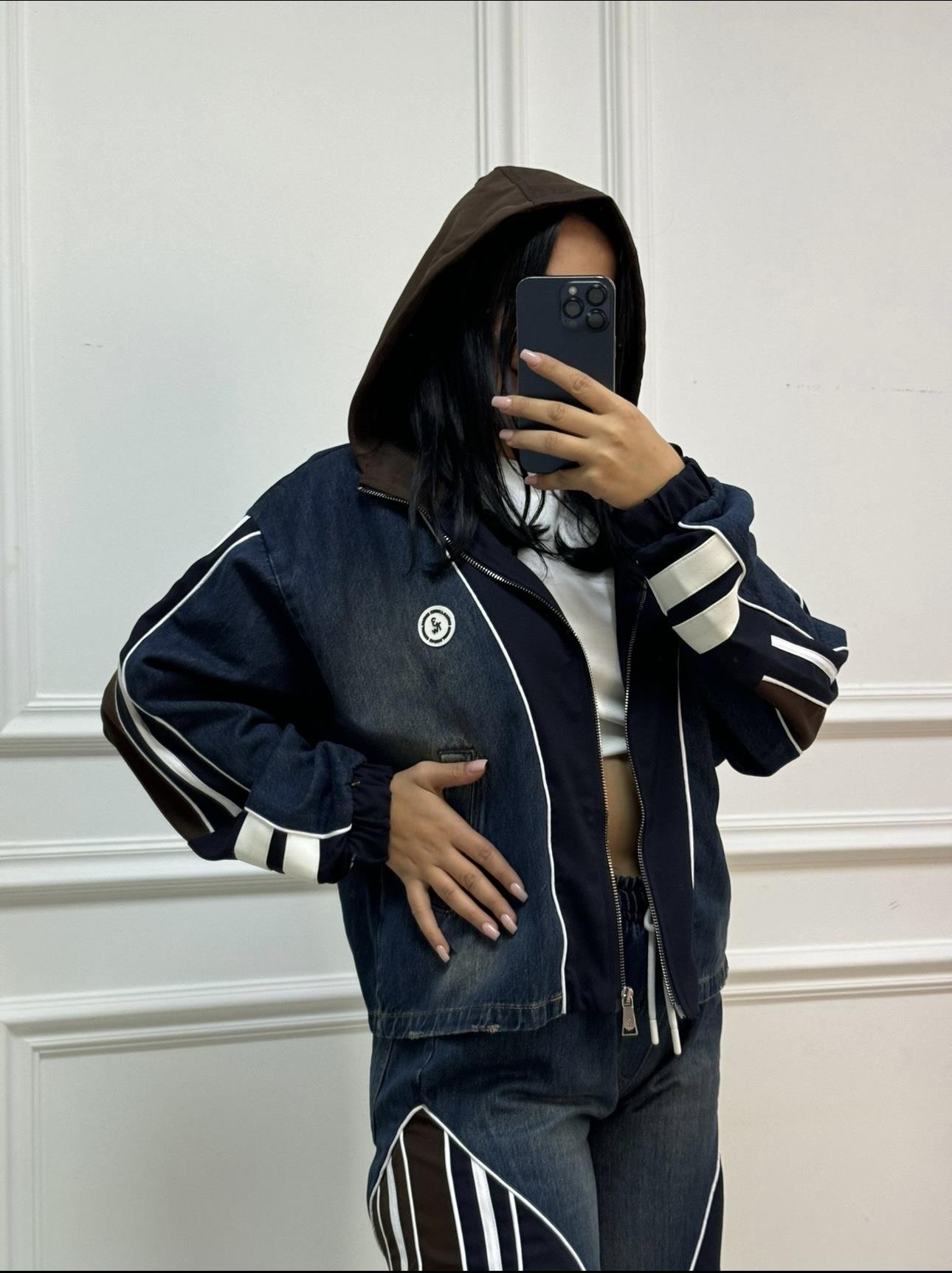 Denim Tasarım Kapüşonlu Takım