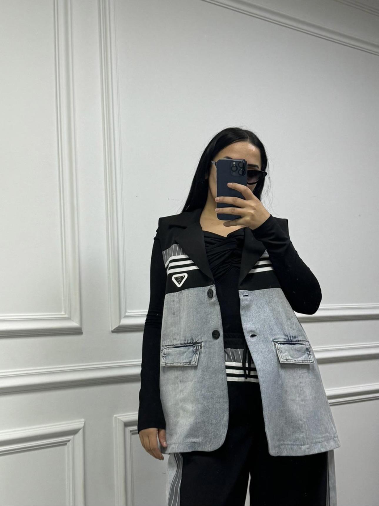 Denim Tasarım Yelekli Takım