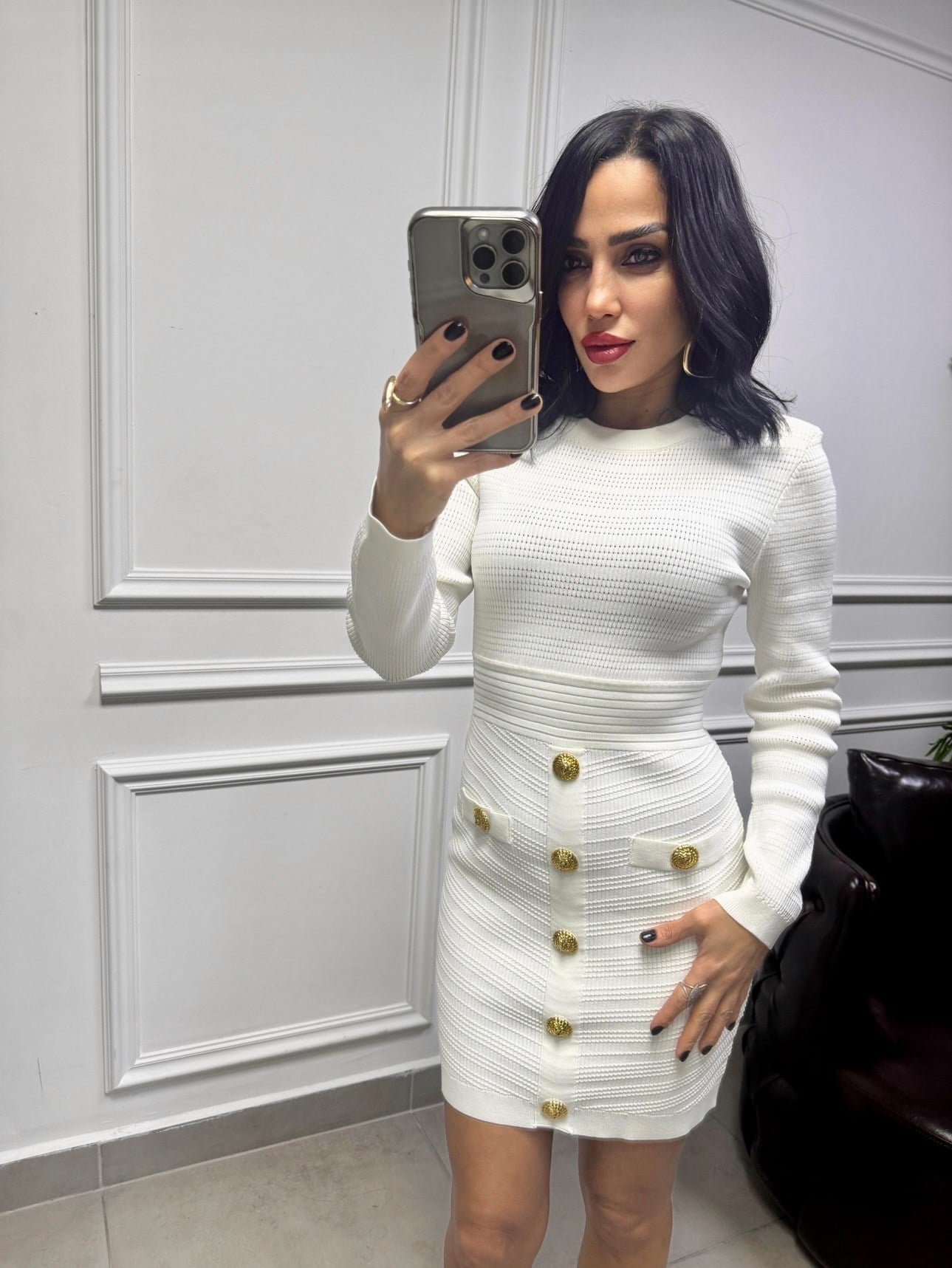 Düğme Detaylı Triko Elbise