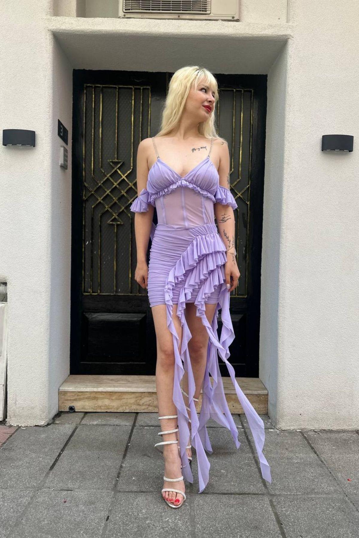 Fırfır Tasarımlı Askılı Mini Elbise Lila