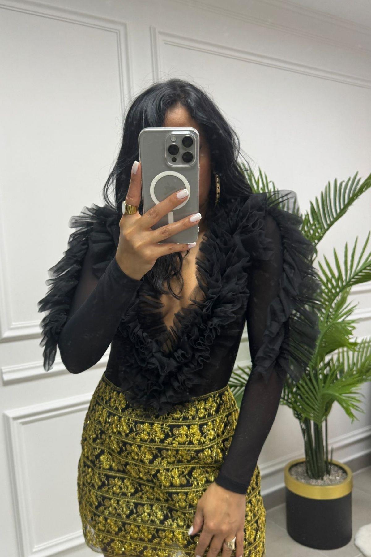 Fırfırlı Siyah Body