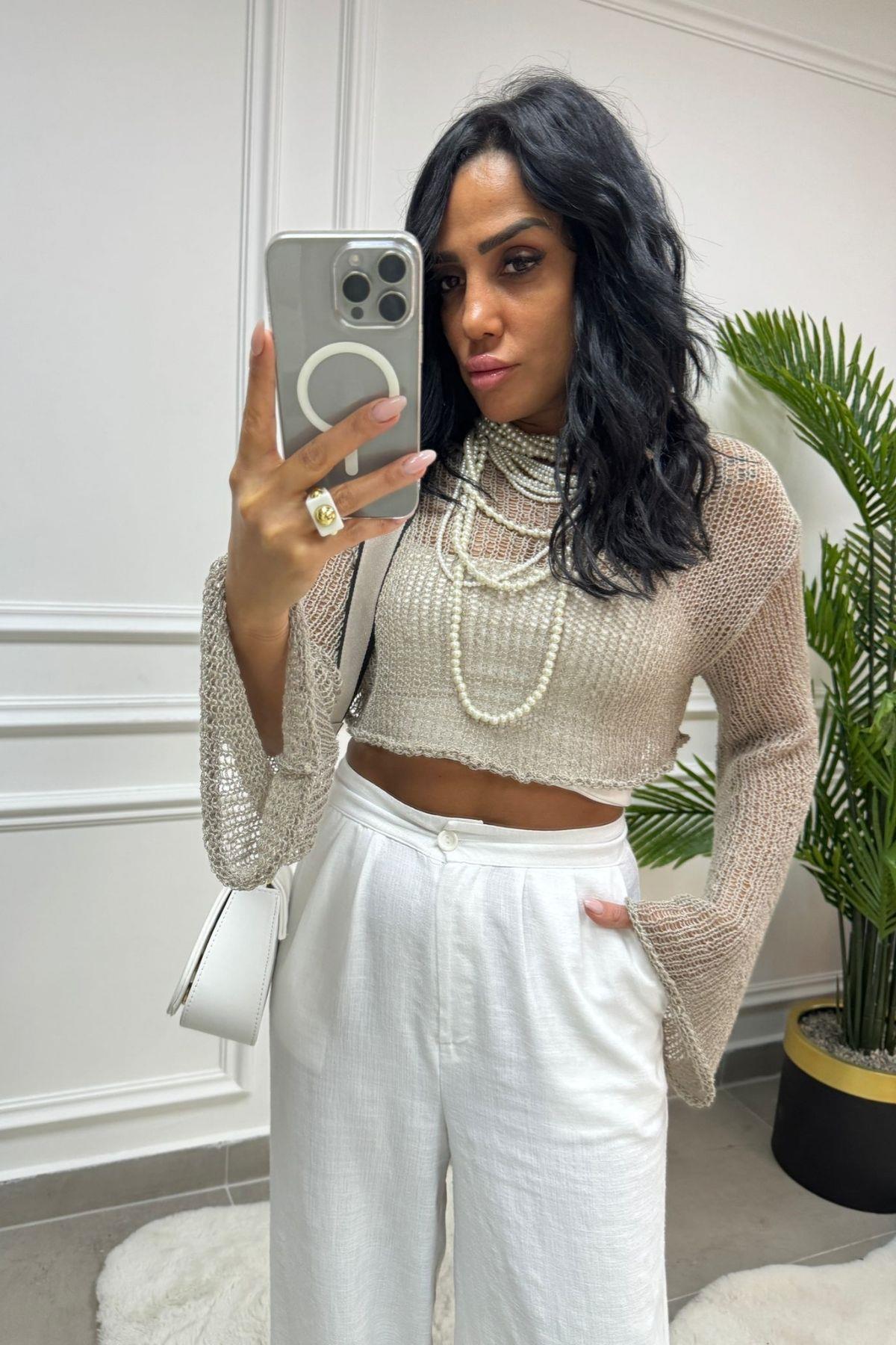 İnce Triko Crop Vizon