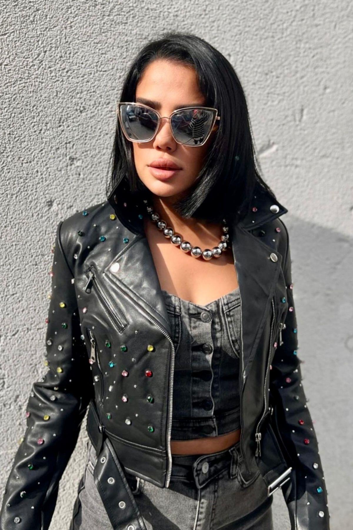 İthal Deri Taşlı Ceket Siyah
