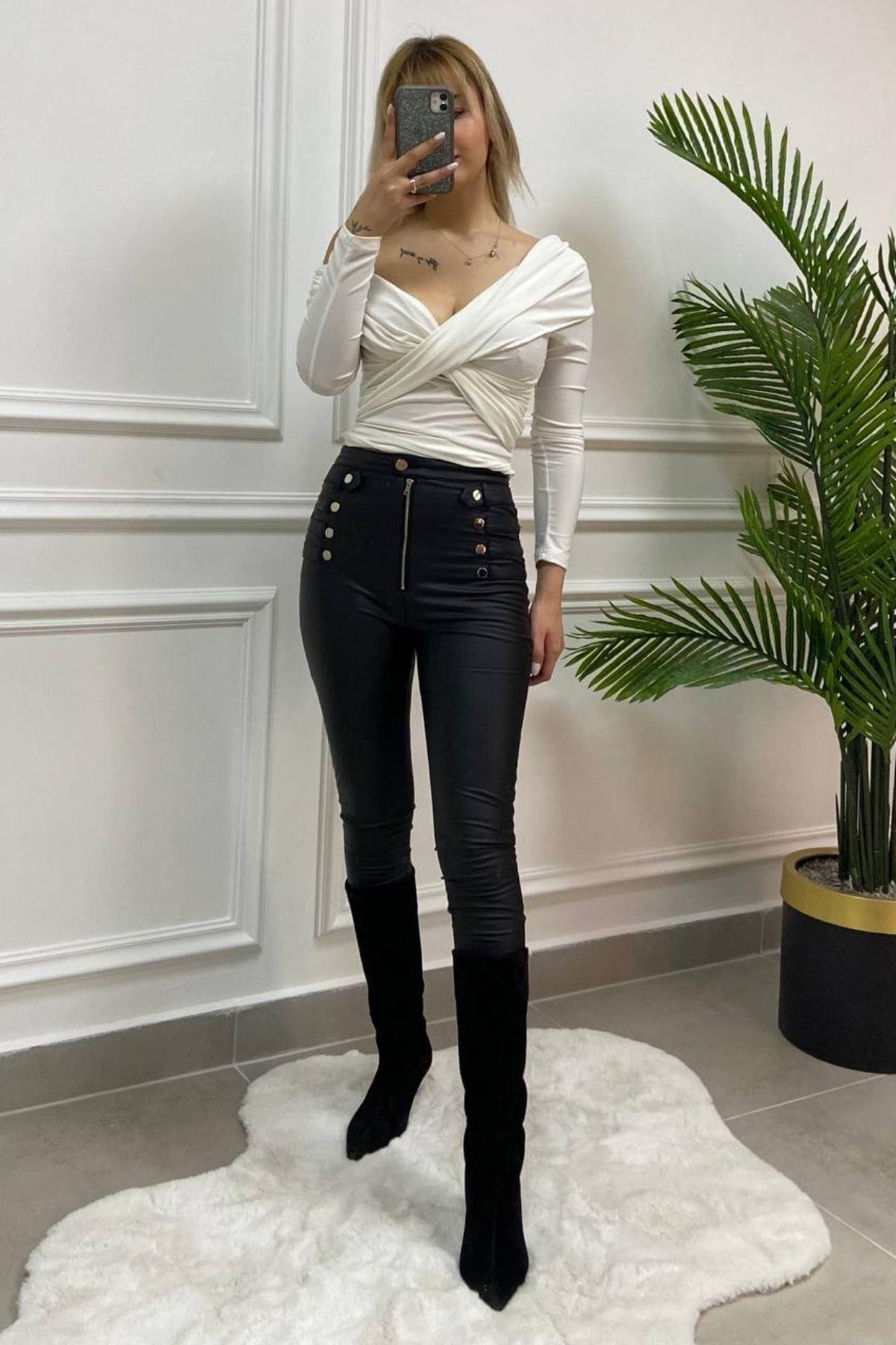 İthal Fermuarlı Deri Pantolon