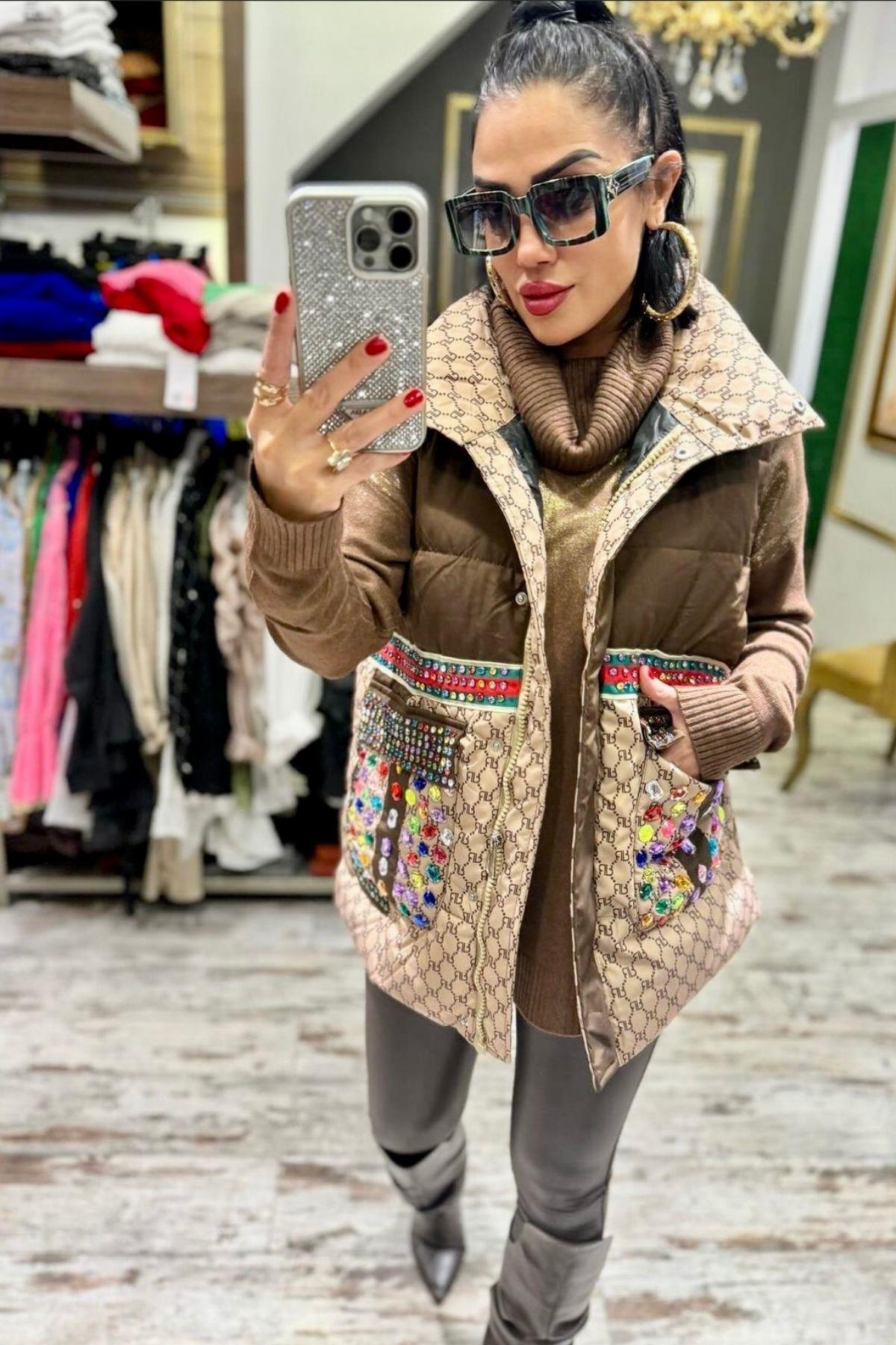 İthal Gc Taşlı Yelek Camel