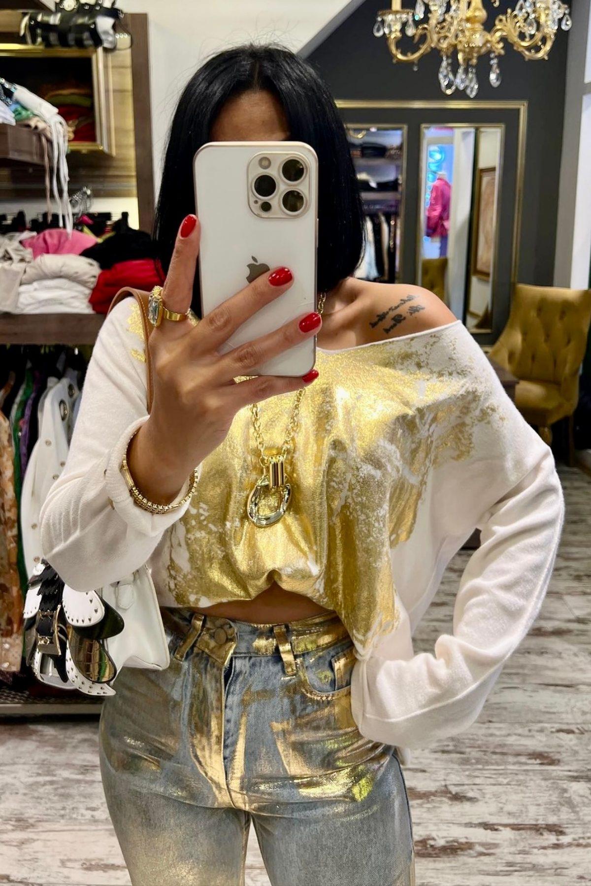 İthal Gold Baskı Triko Kazak