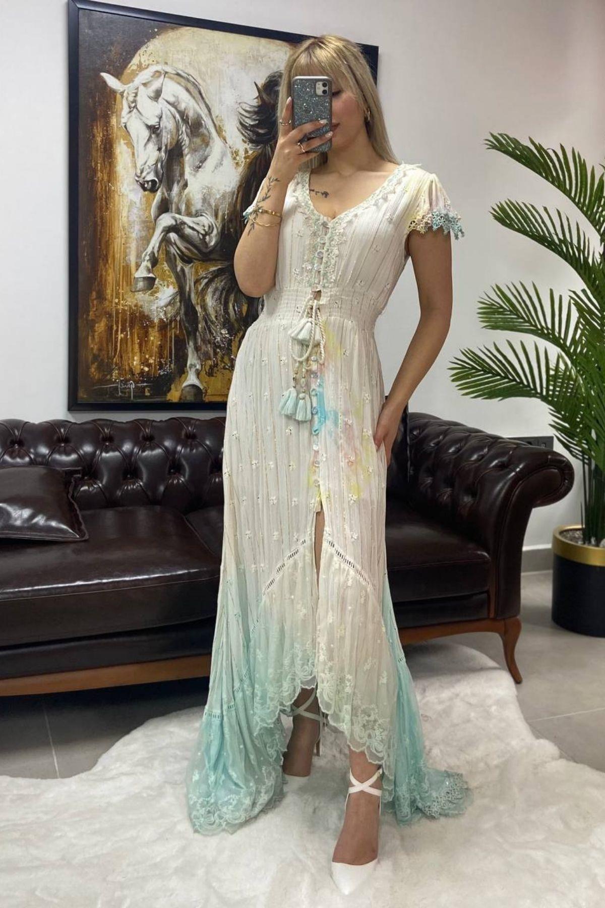 İthal Keten Elbise Mavi Sarı