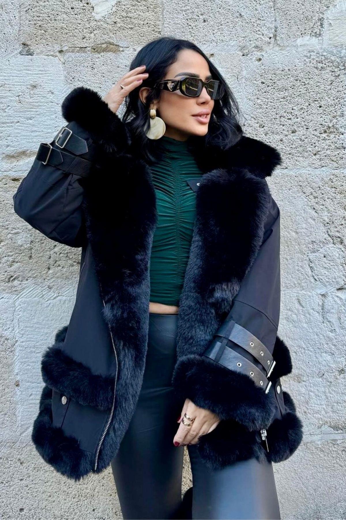 İthal Kürklü Mont Siyah & Siyah