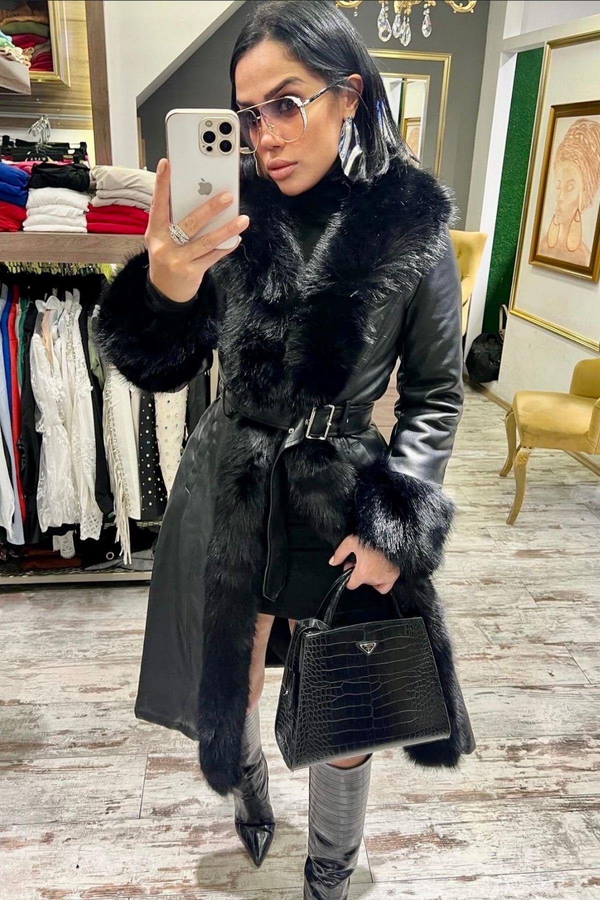 İthal Kürklü Trenç Siyah