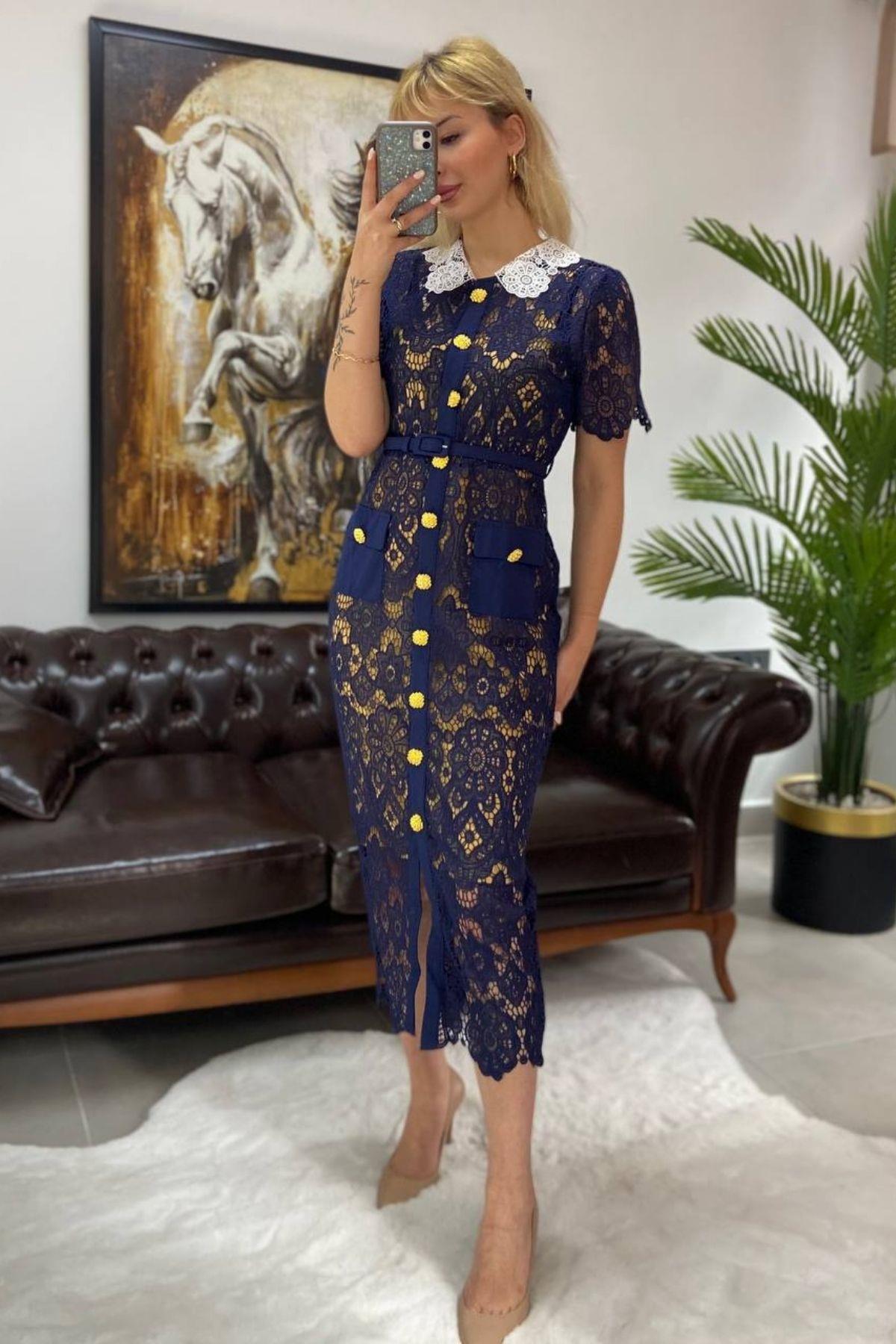 İthal Lacivert Güpür Elbise