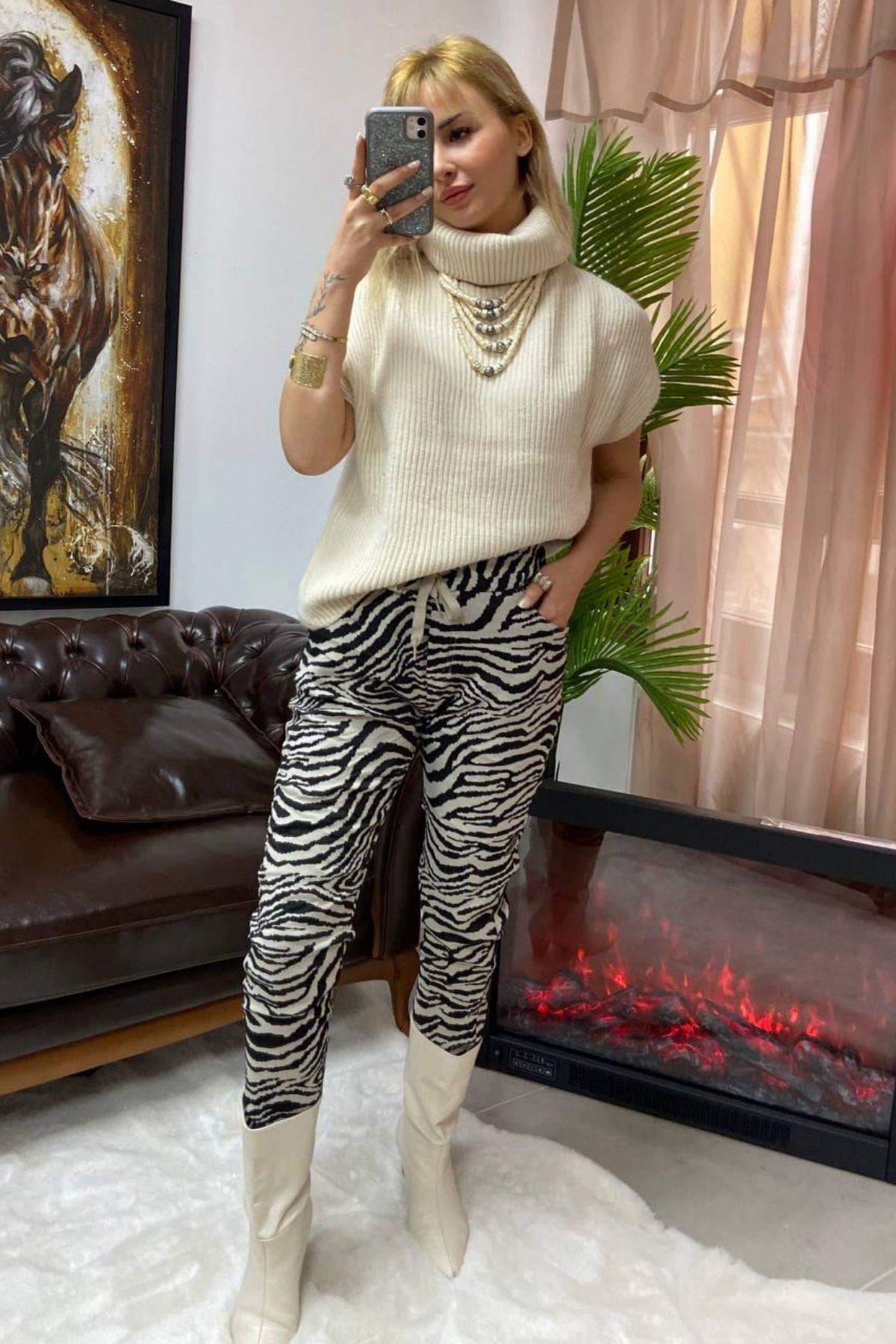 İthal Pantolon Zebra Beyaz