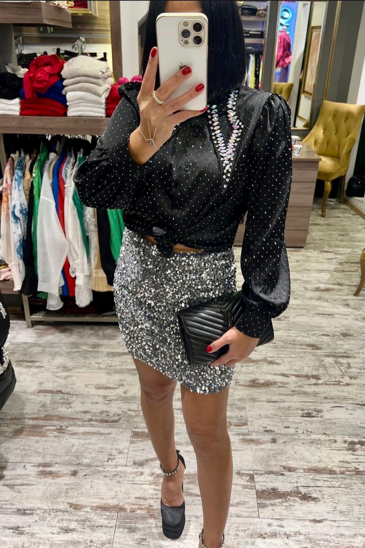 İthal Pullu Etek Kısa Gümüş