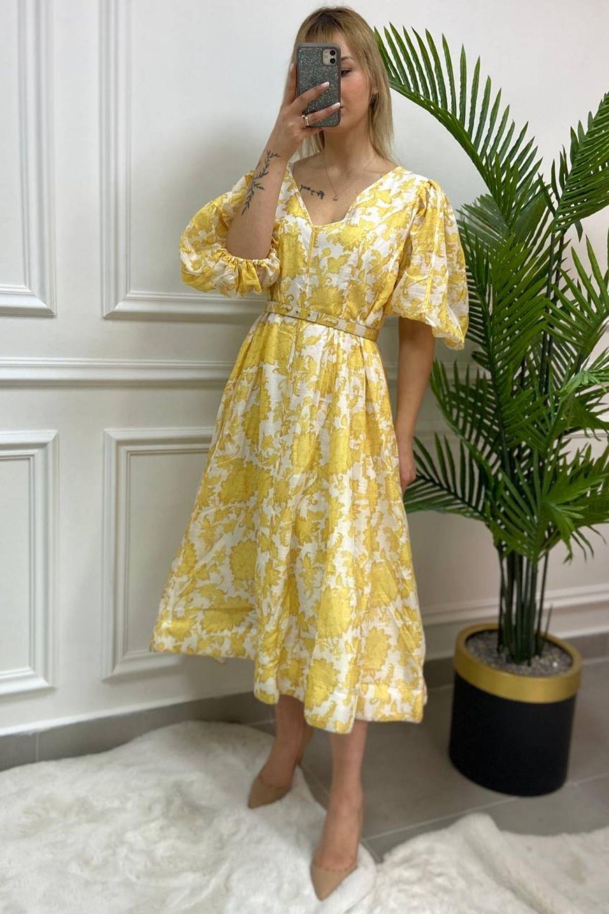 İthal Sarı Çiçekli Elbise 