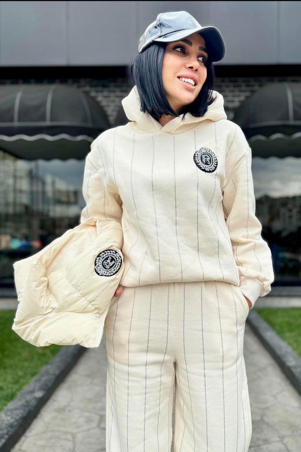 İthal Taş Detay Üçlü Takım Bej