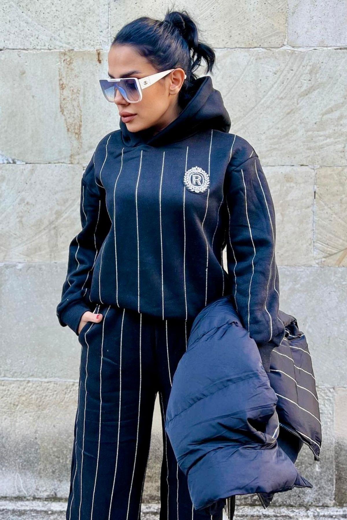 İthal Taş Detay Üçlü Takım Siyah