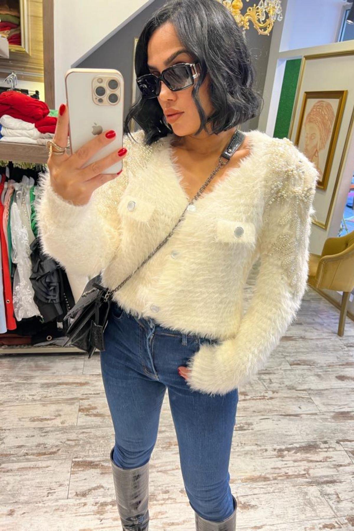 İthal Taşlı Angora Hırka Beyaz