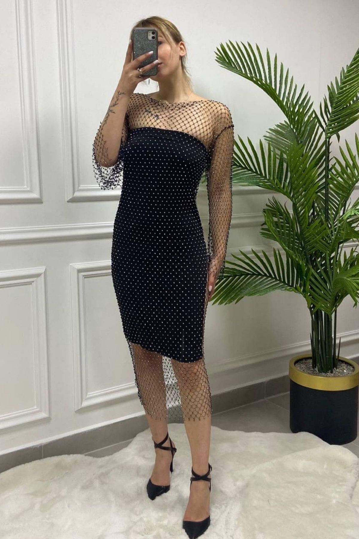 İthal Taşlı File Elbise