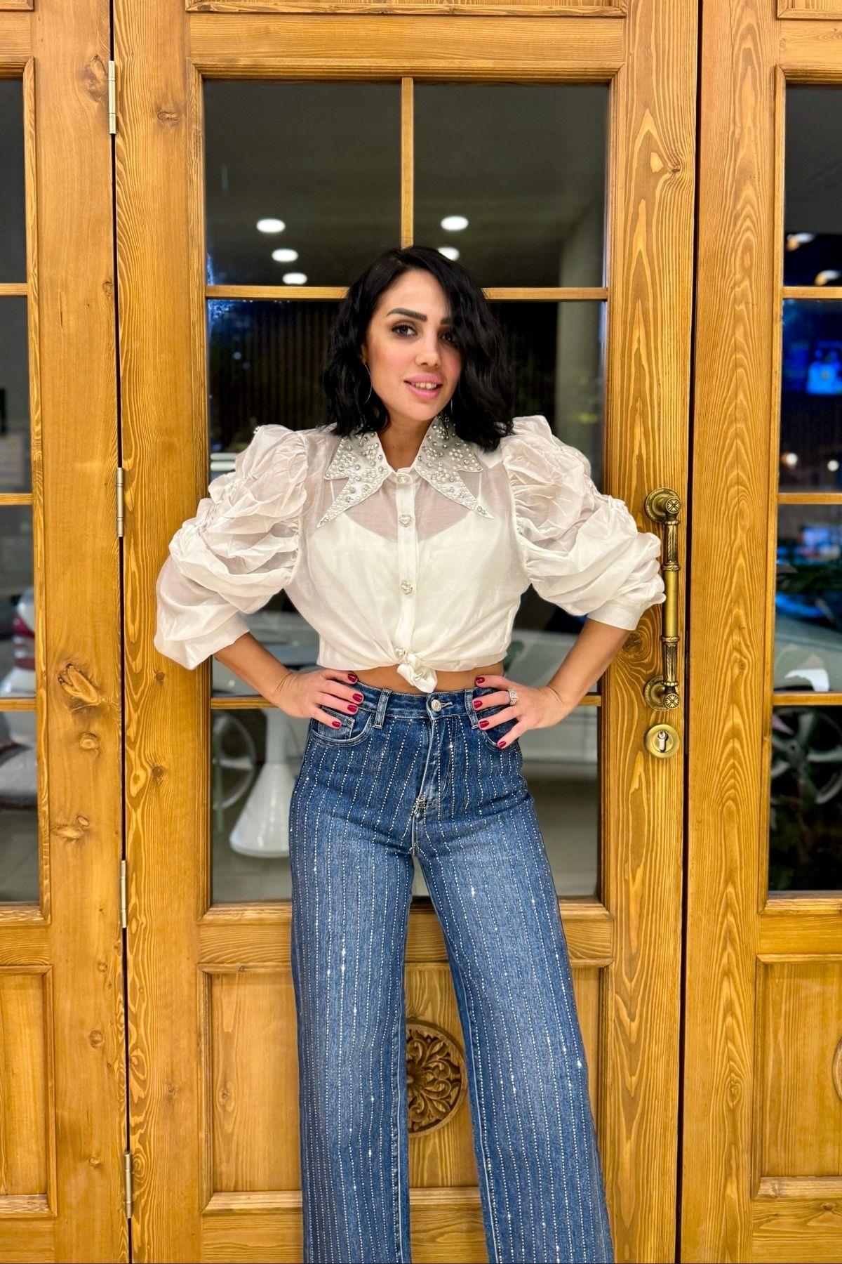 İthal Taşlı Gömlek Beyaz