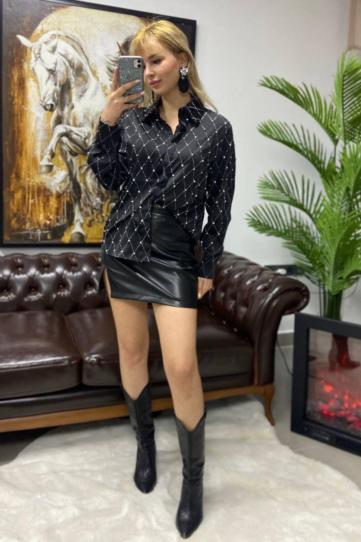 İthal Taşlı Gömlek Siyah